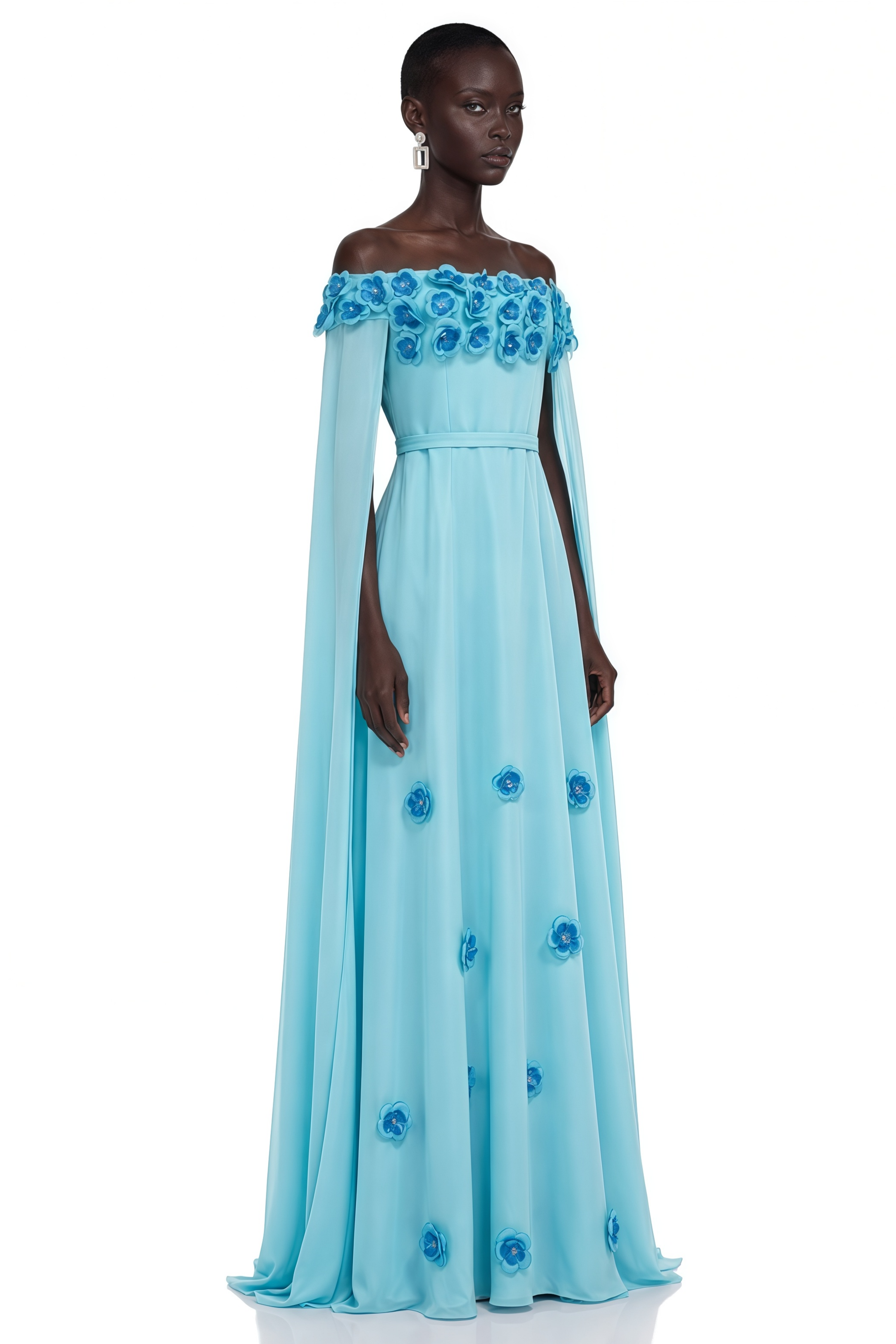 Benedetta Turquoise Off-Shoulder Floral Appliqué Maxi Dress
