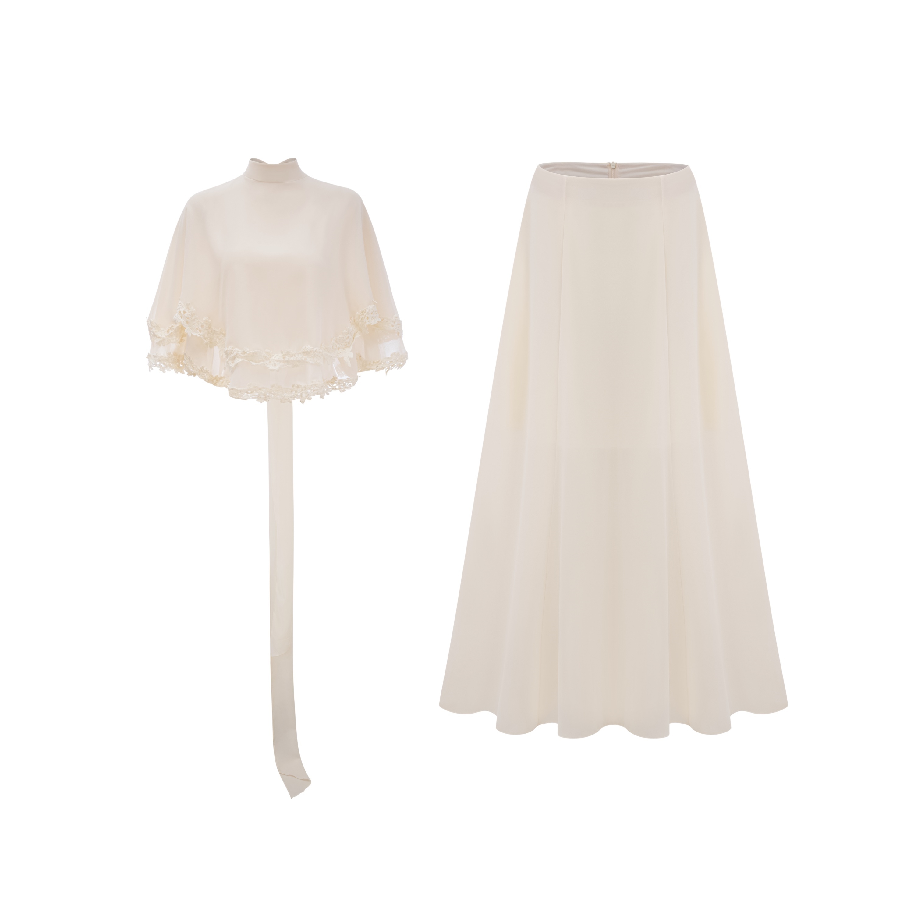 Benigna White Cape Sleeve Top & Skirt Set With Lace Trim