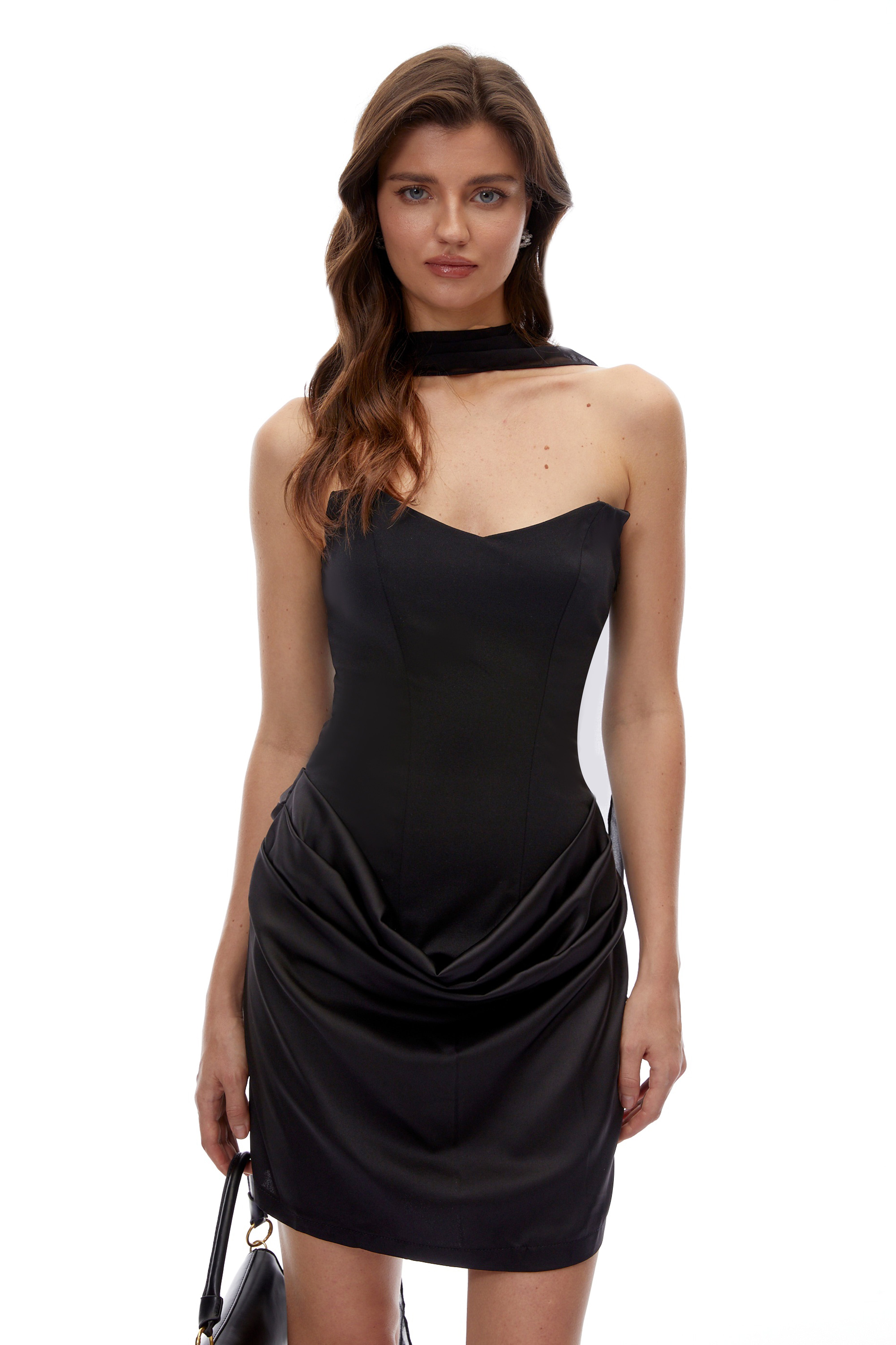 Berit Black Scarf Off Shoulder Ruched Mini Dress