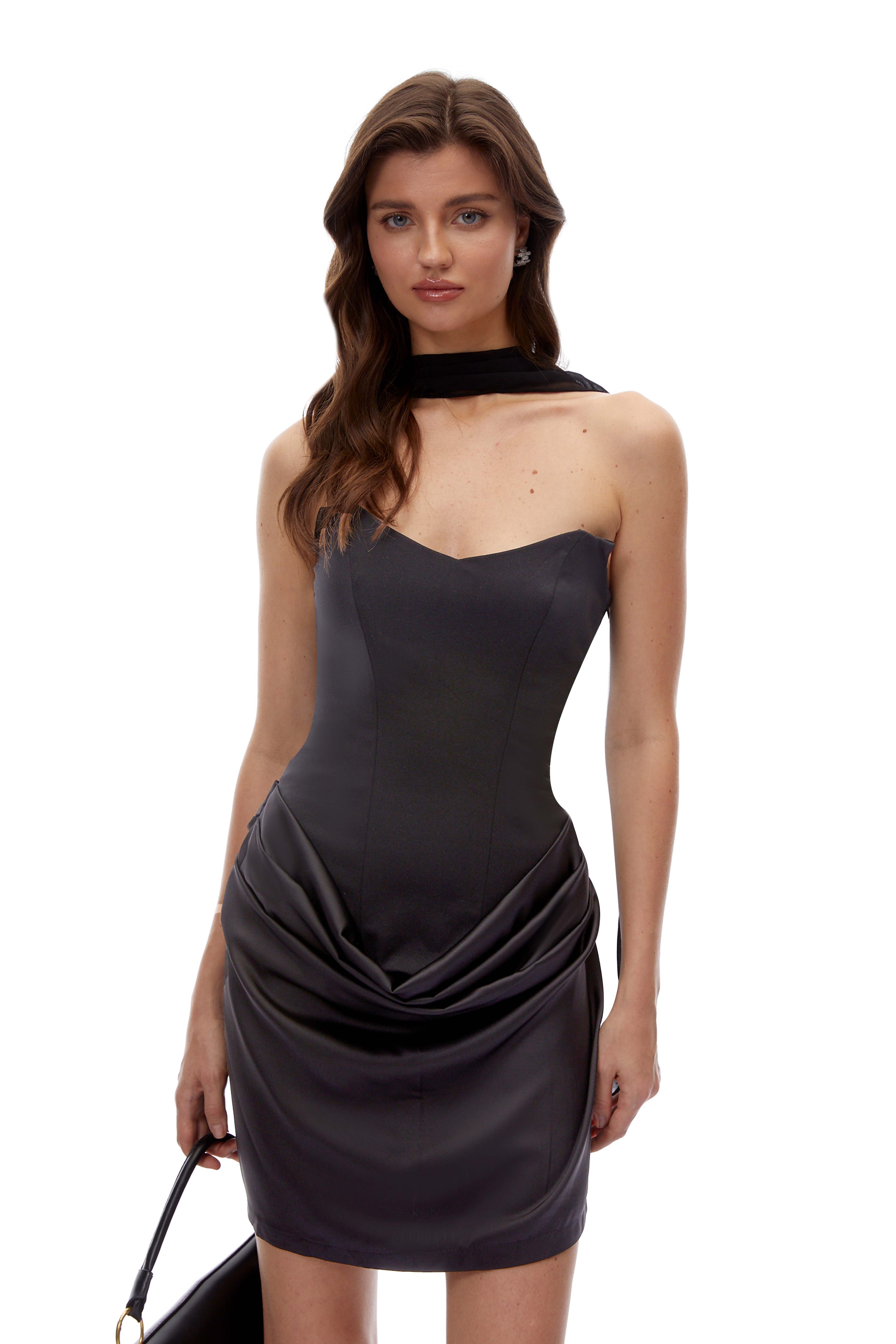 Berit Black Scarf Off Shoulder Ruched Mini Dress