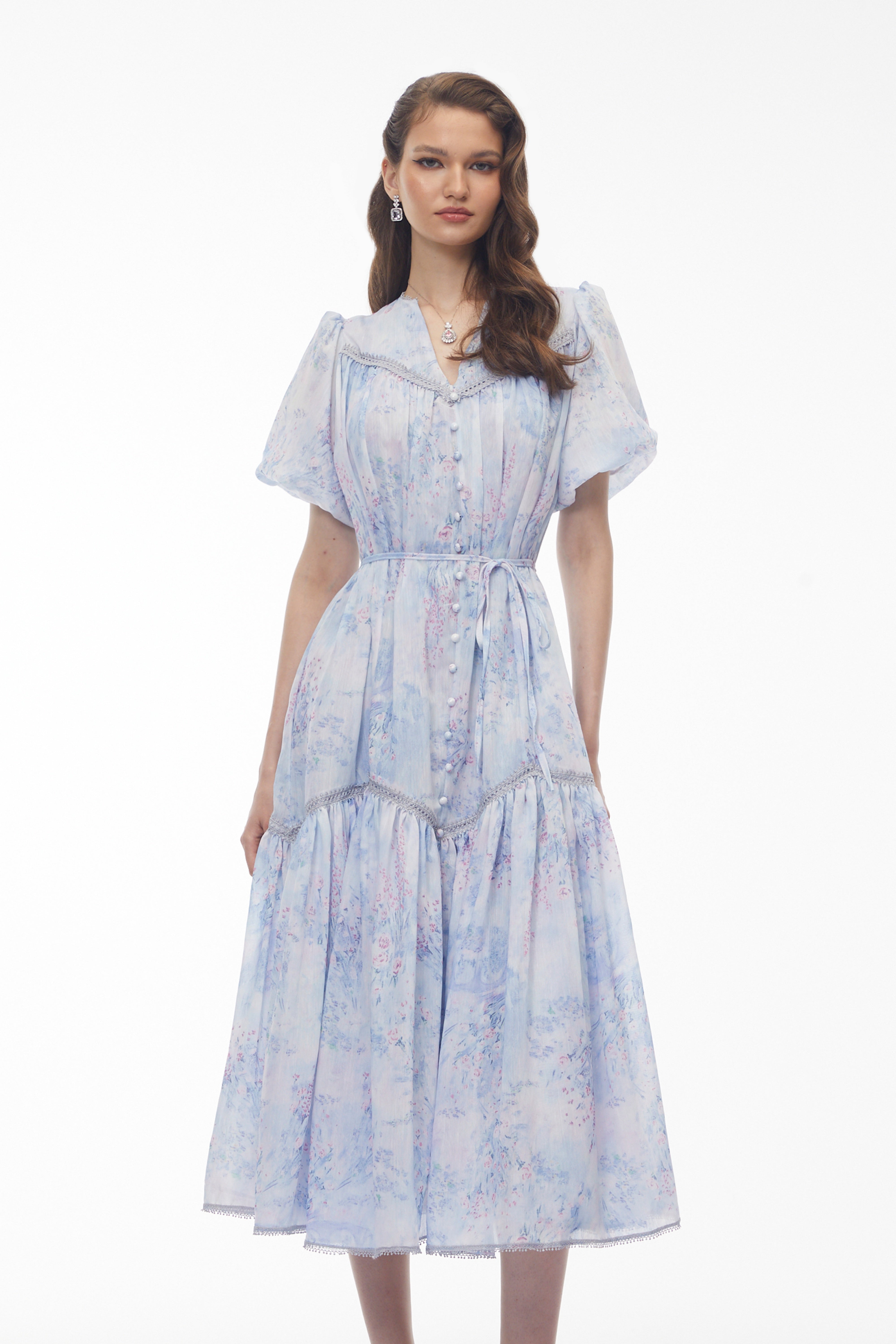 Beryl Blue Floral Print Ruched Midi Dress (Final Sale-US Only)