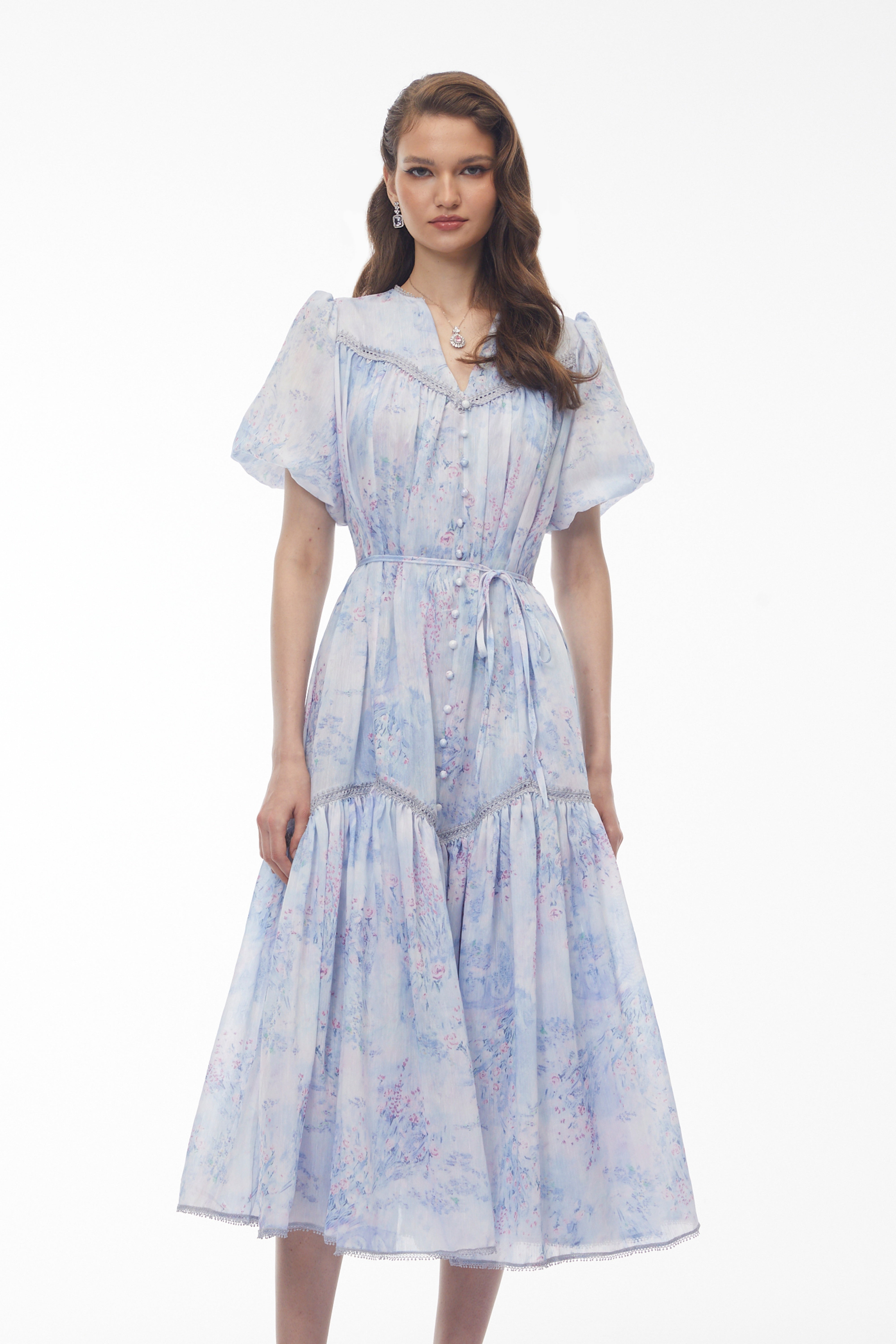 Beryl Blue Floral Print Ruched Midi Dress (Final Sale-US Only)