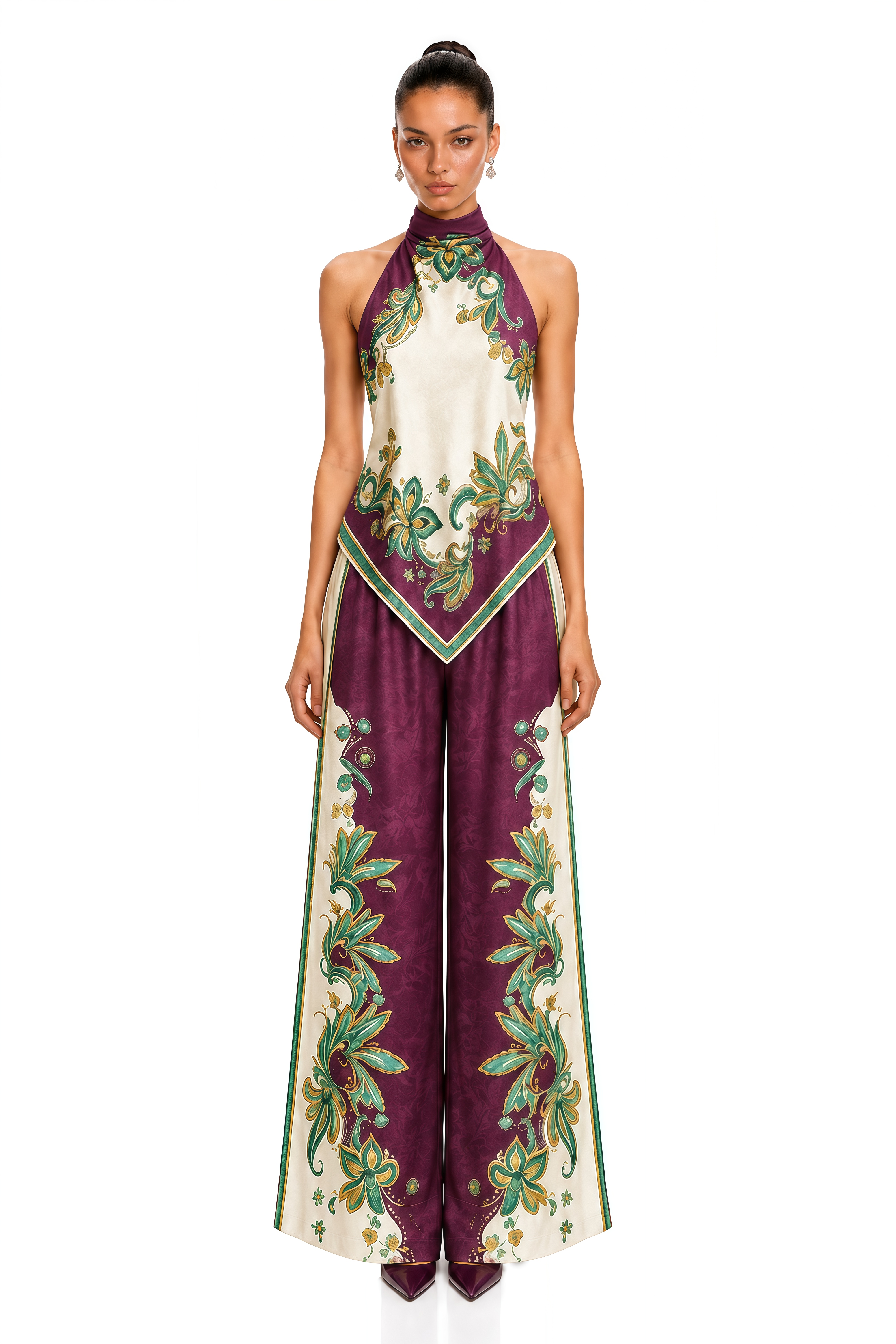Betsy Purple Floral Print Halter Top & Wide Leg Trousers Set