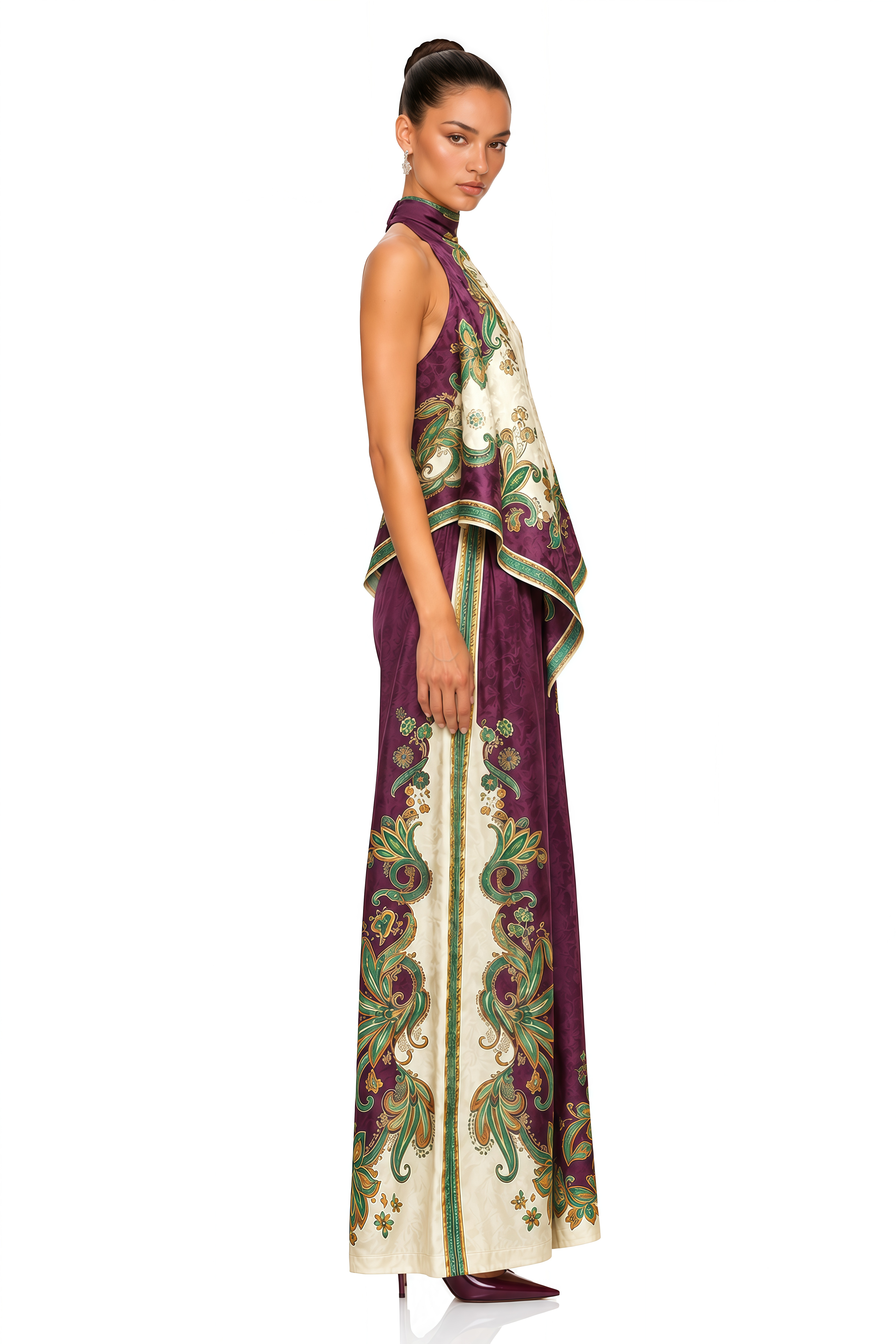 Betsy Purple Floral Print Halter Top & Wide Leg Trousers Set