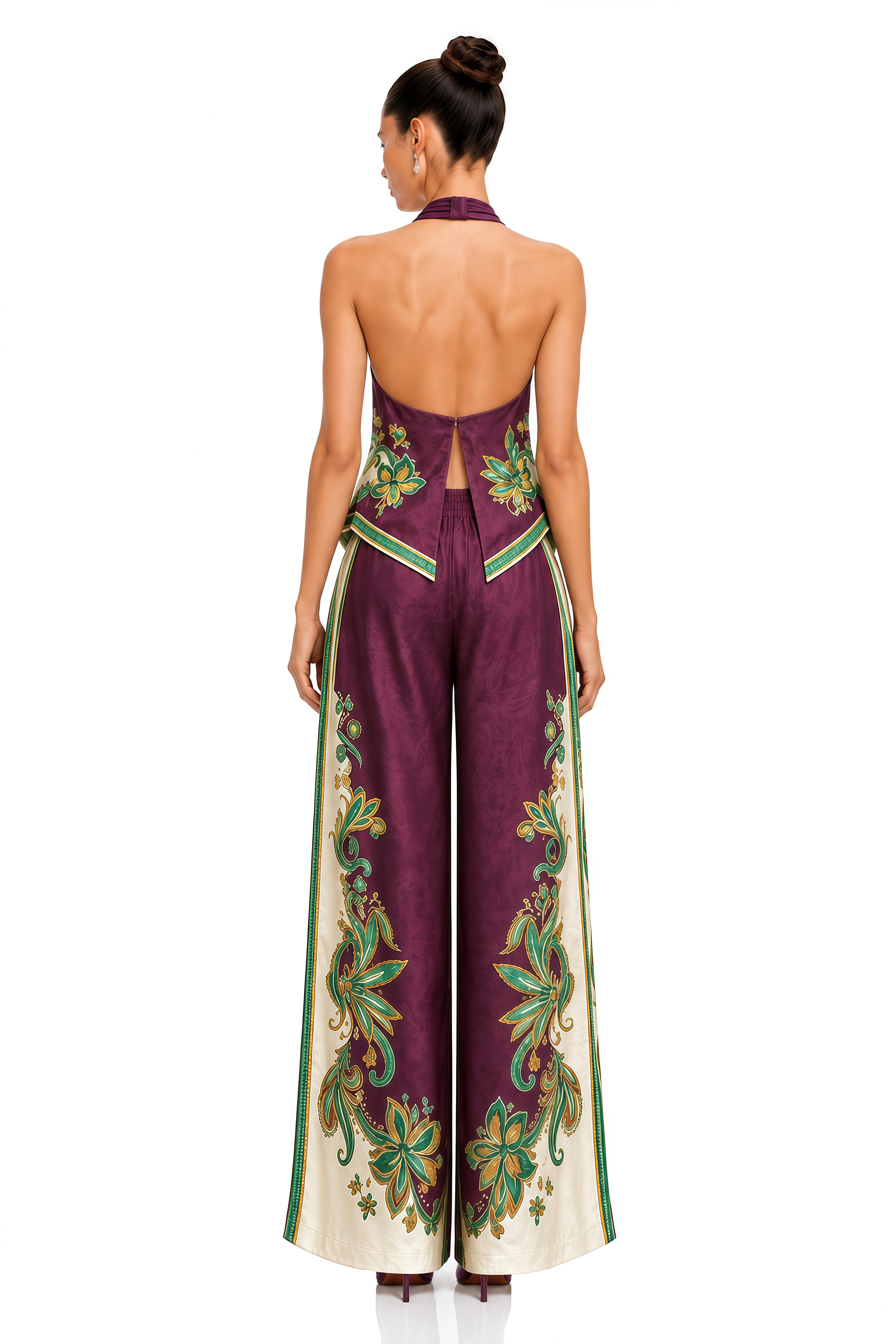 Betsy Purple Floral Print Halter Top & Wide Leg Trousers Set