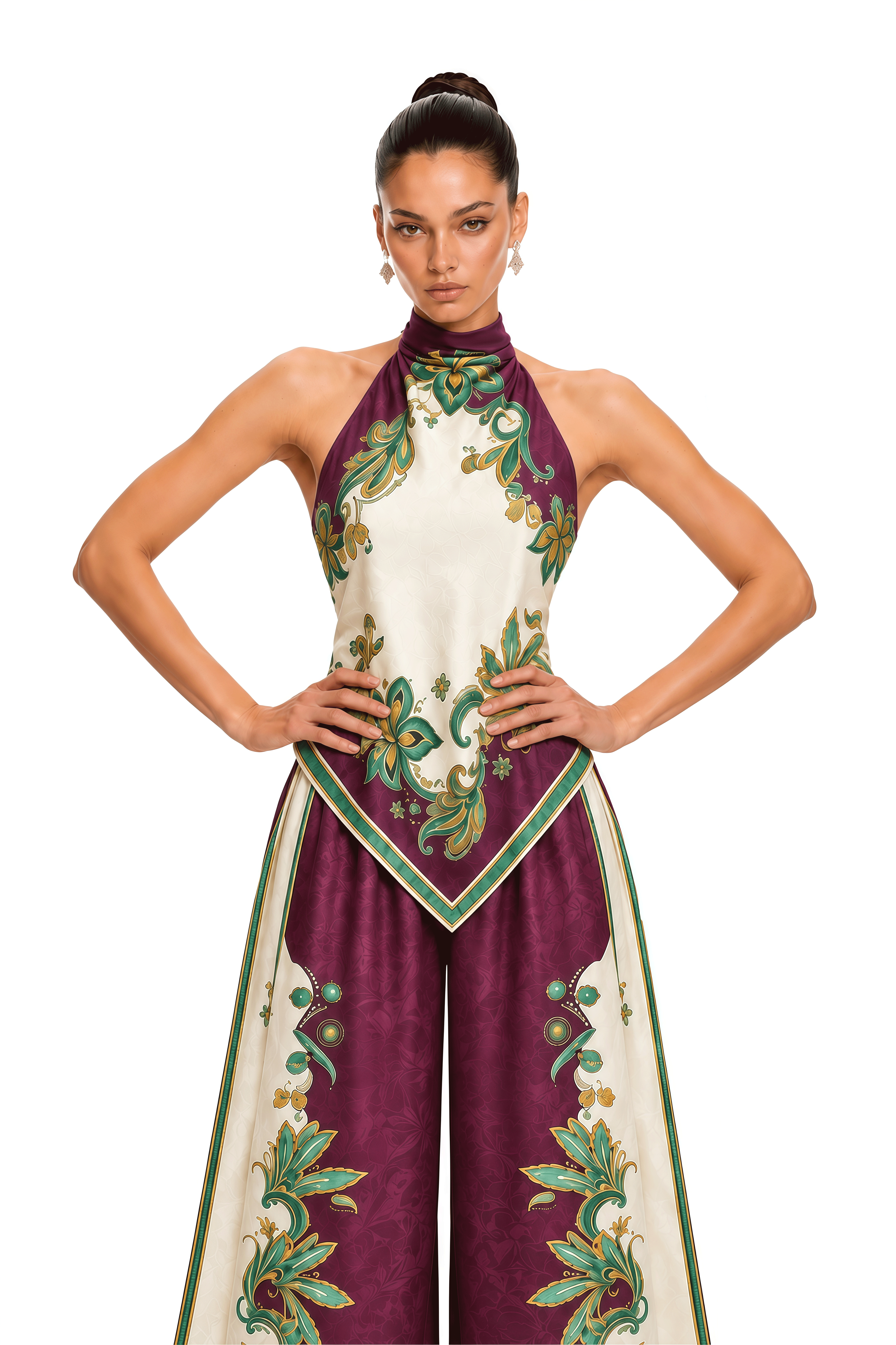 Betsy Purple Floral Print Halter Top & Wide Leg Trousers Set