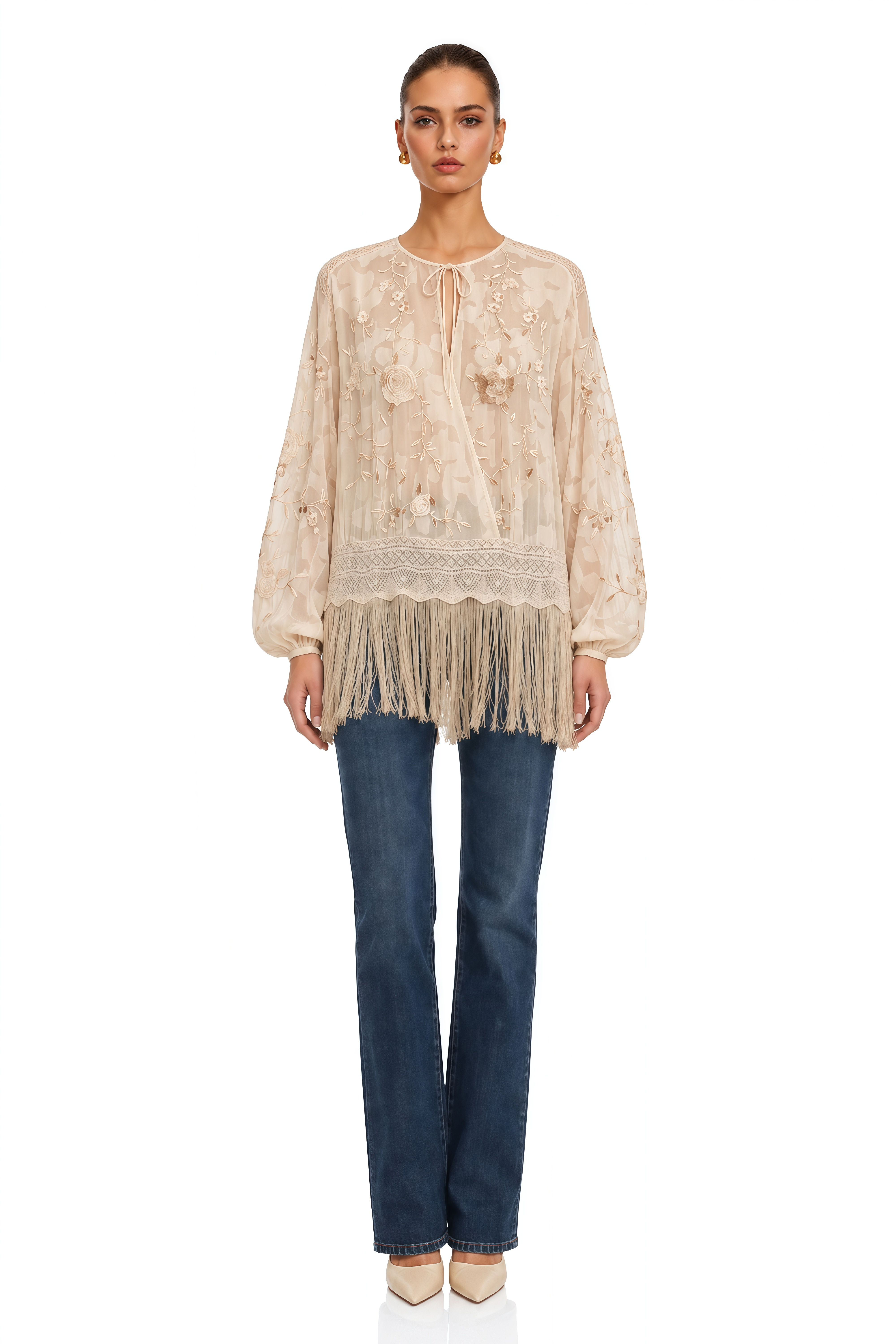 Bettina Neutral Lace Plunge Neck Fringe Blouse
