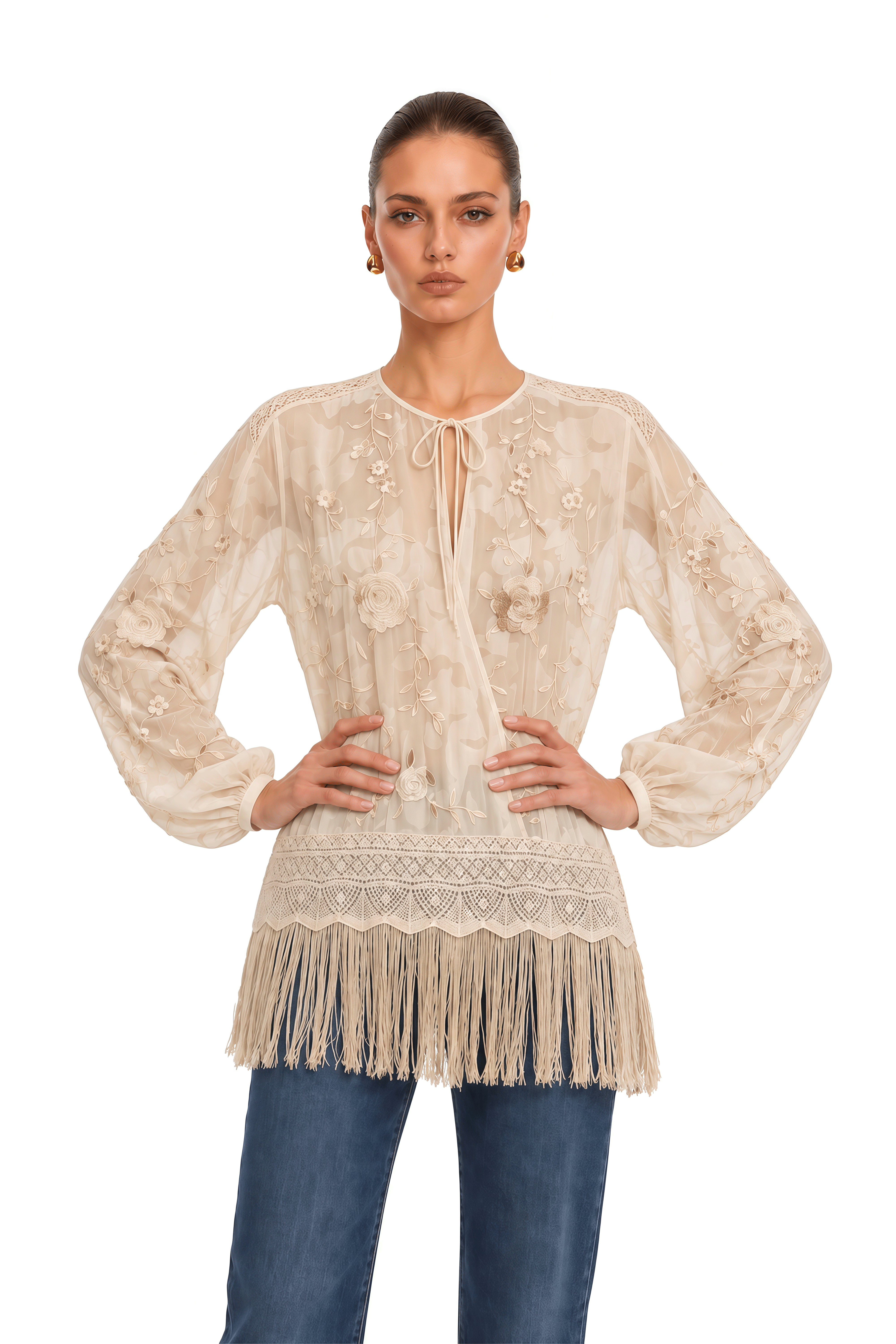 Bettina Neutral Lace Plunge Neck Fringe Blouse