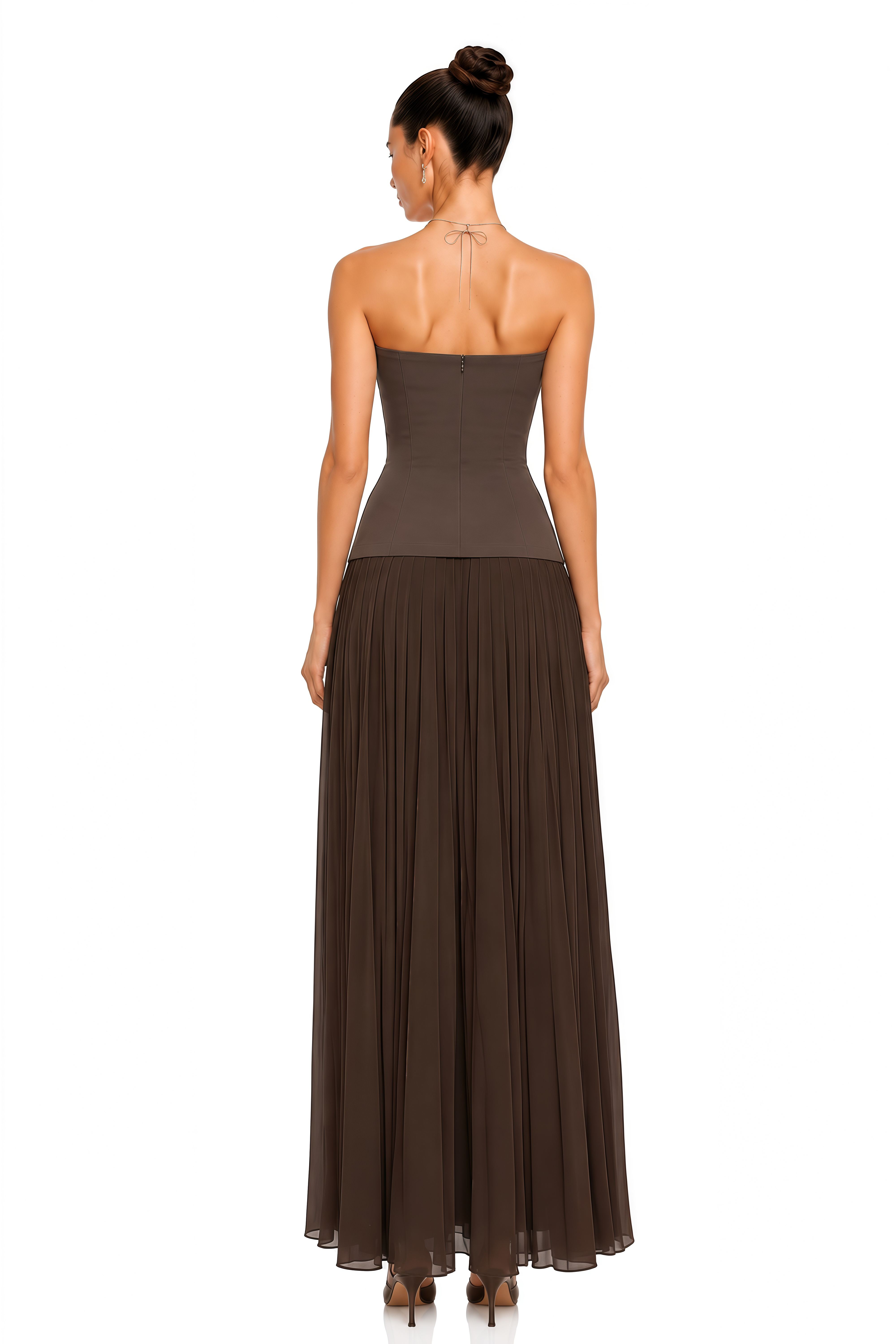 Bianca Brown Strapless Pleated Maxi Dress