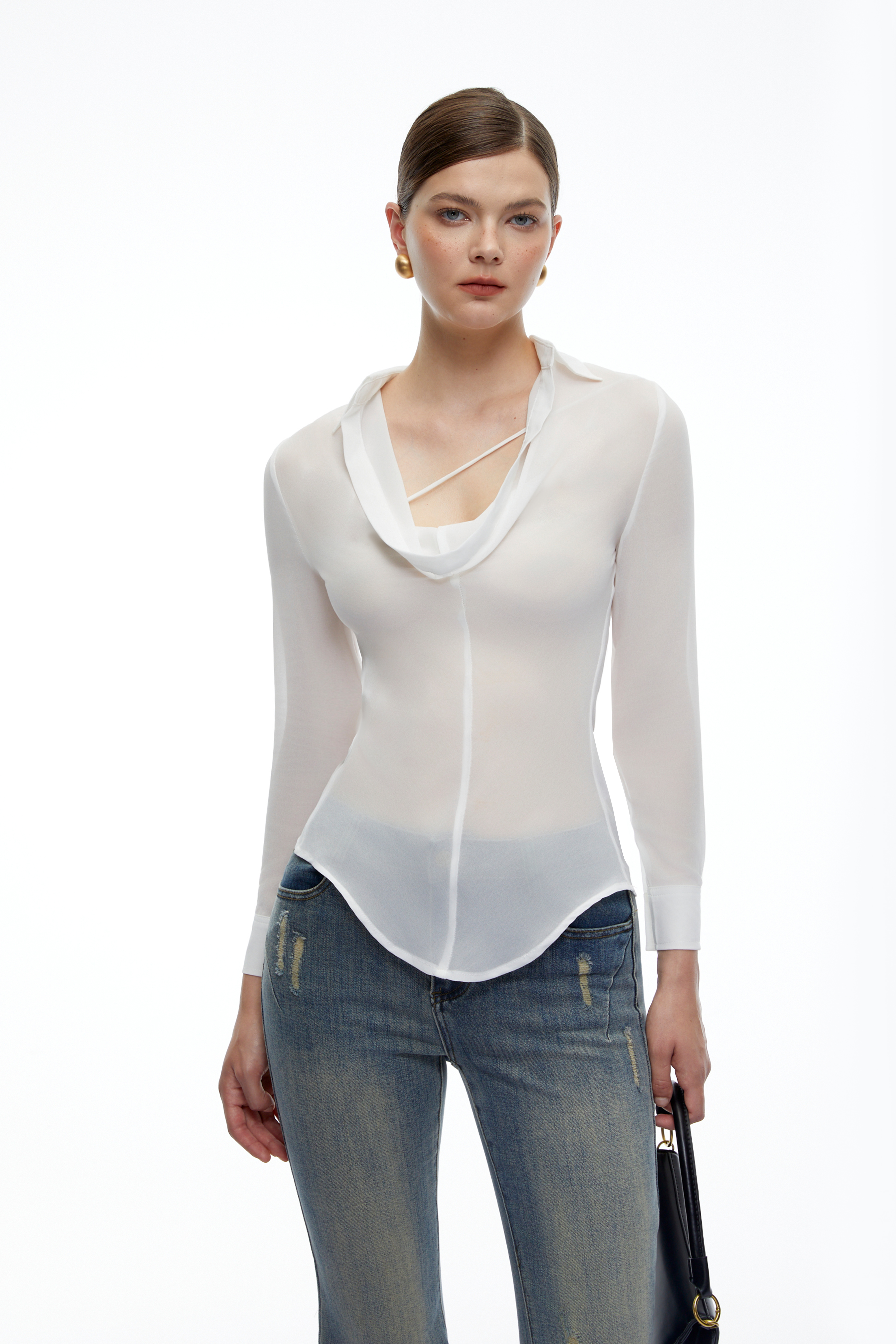 Blaire White Cowl Neck Long Sleeve Top
