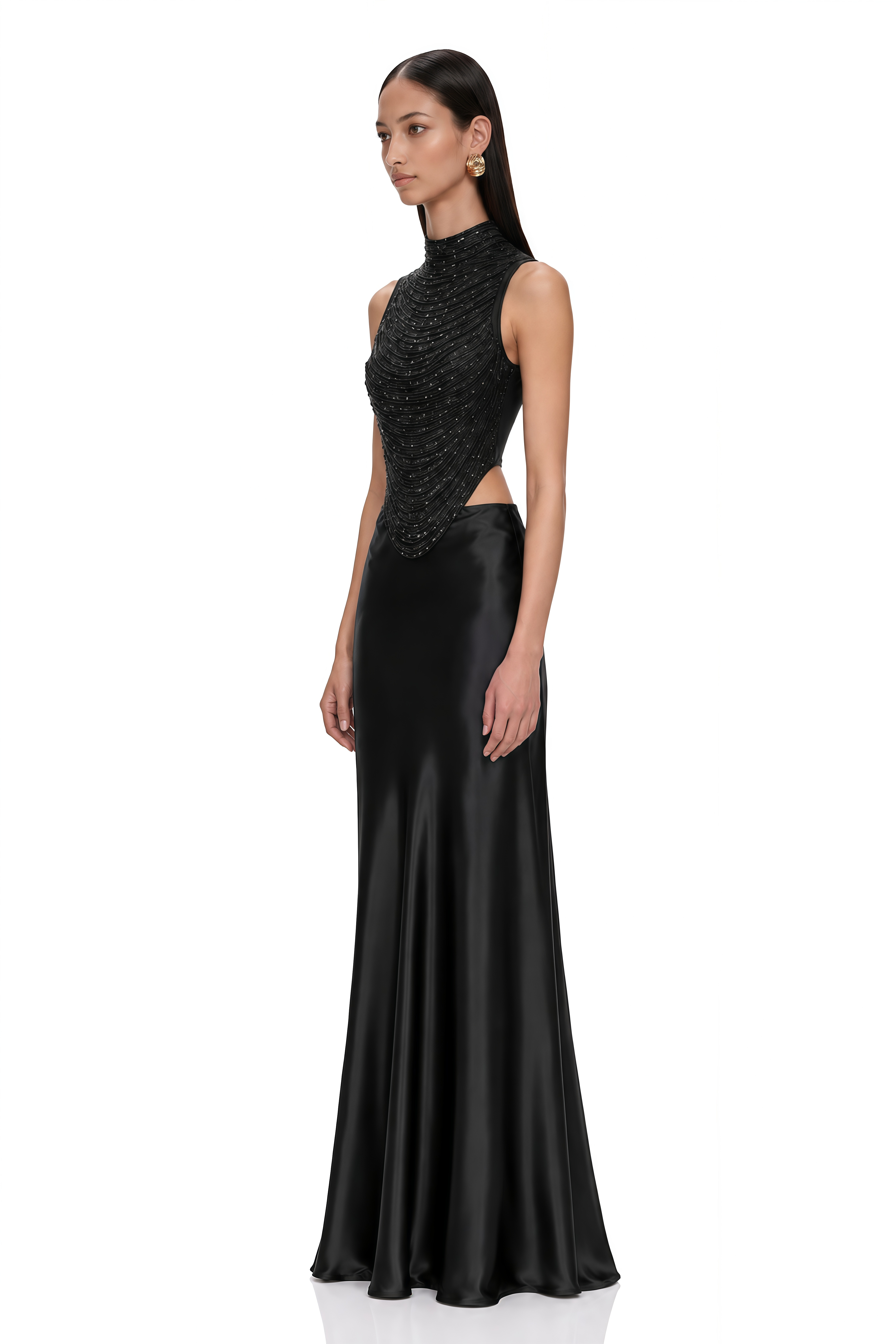 Borbála Black Fringed Top & Satin Skirt Set