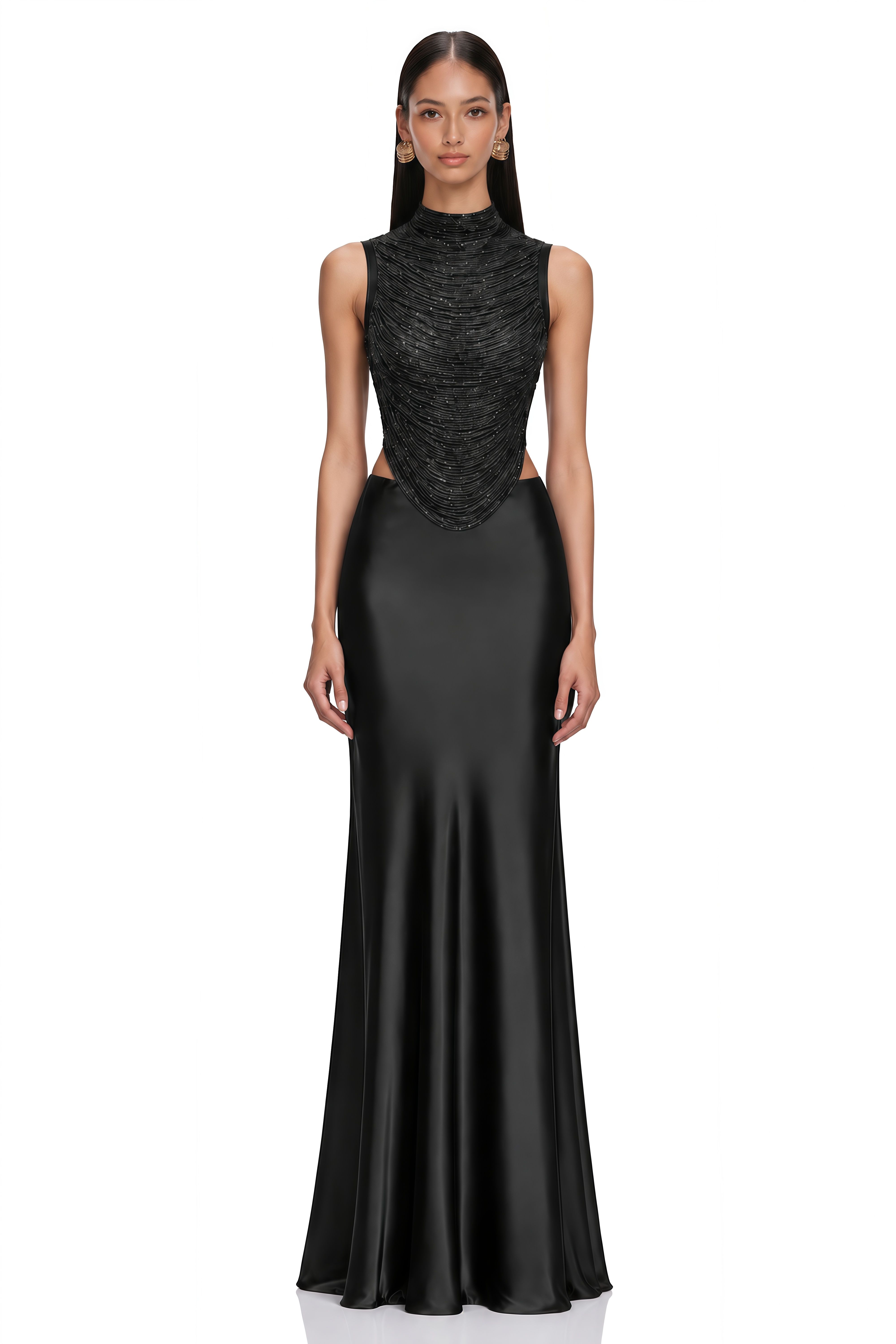 Borbála Black Fringed Top & Satin Skirt Set