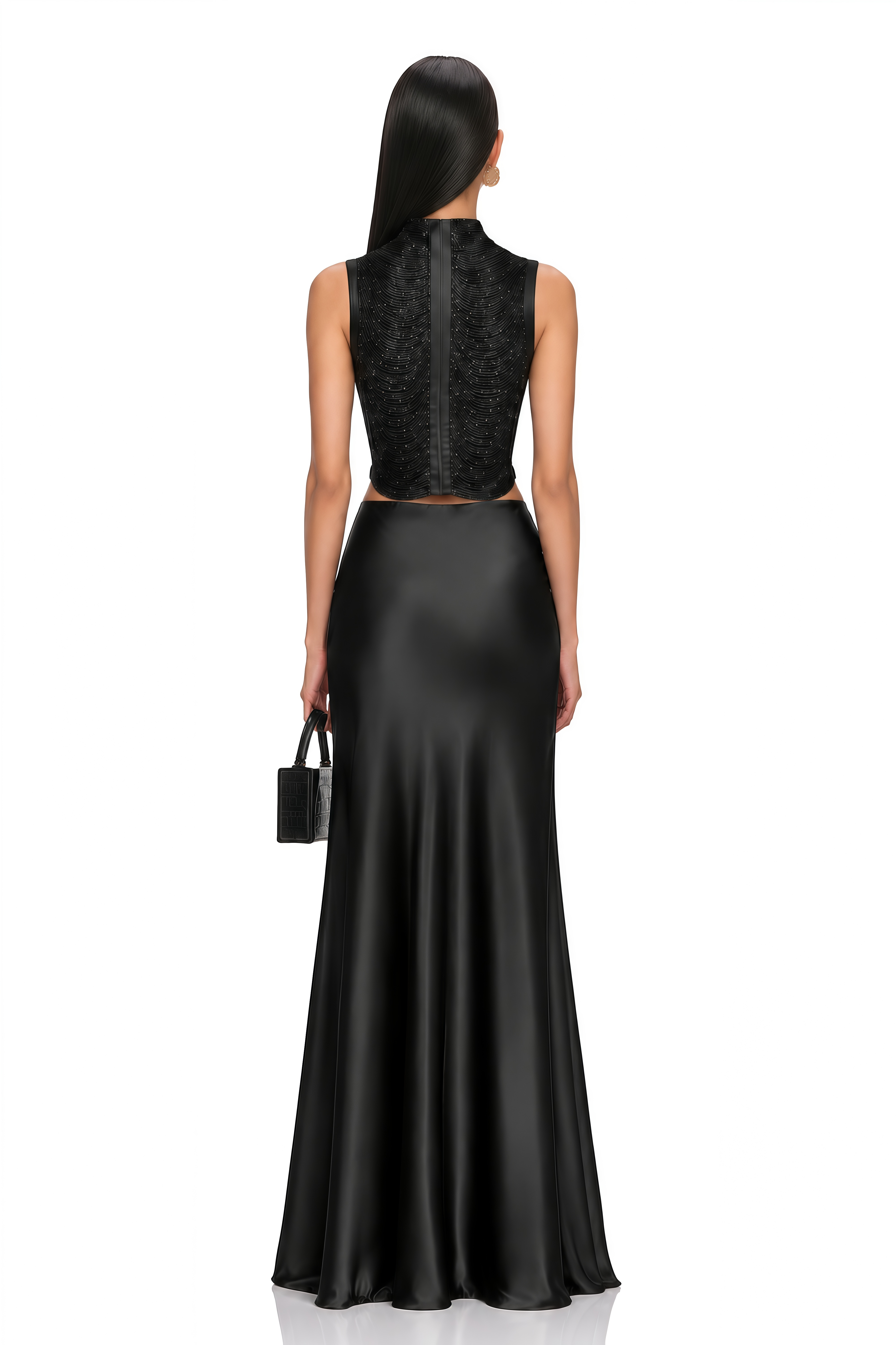 Borbála Black Fringed Top & Satin Skirt Set