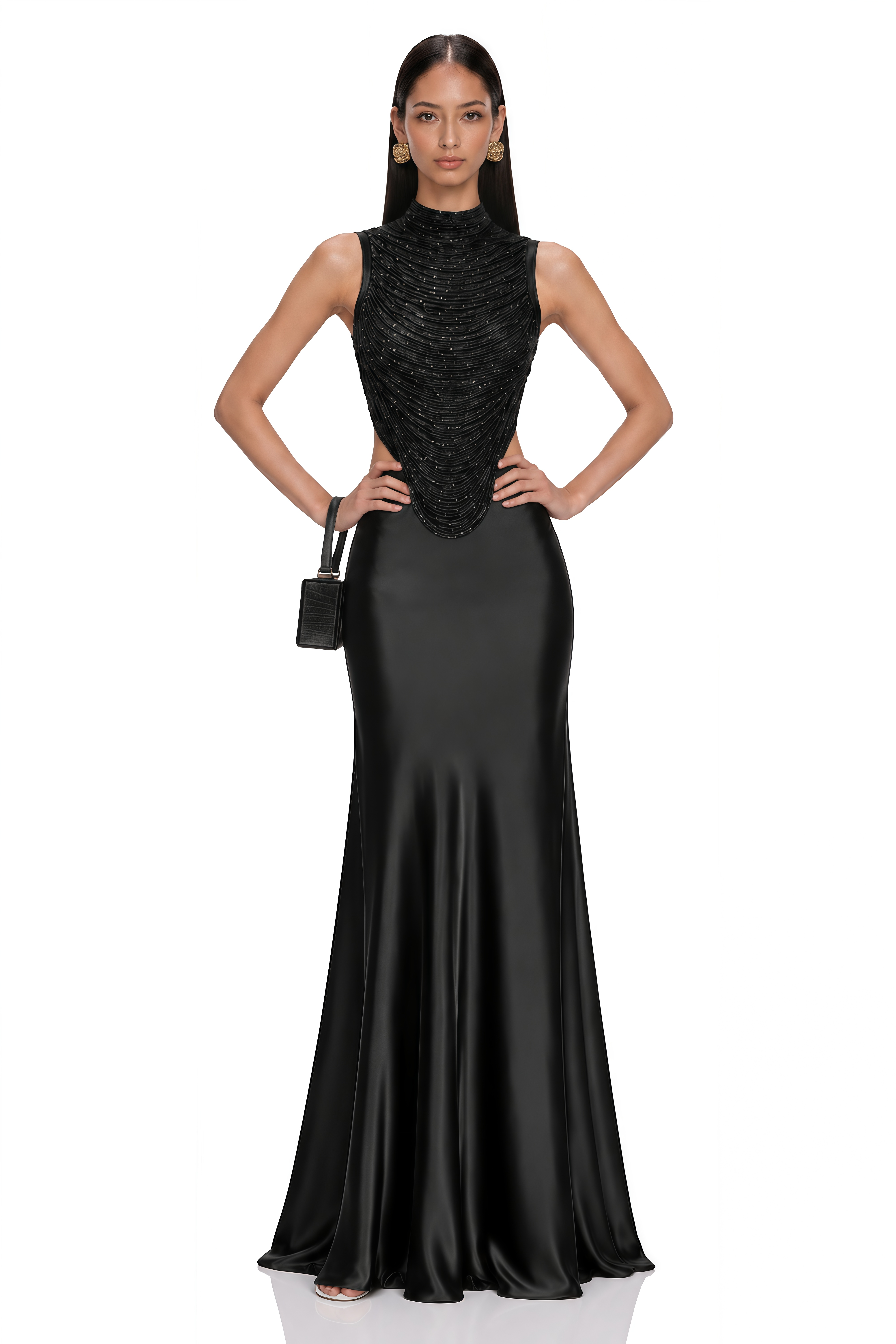 Borbála Black Fringed Top & Satin Skirt Set