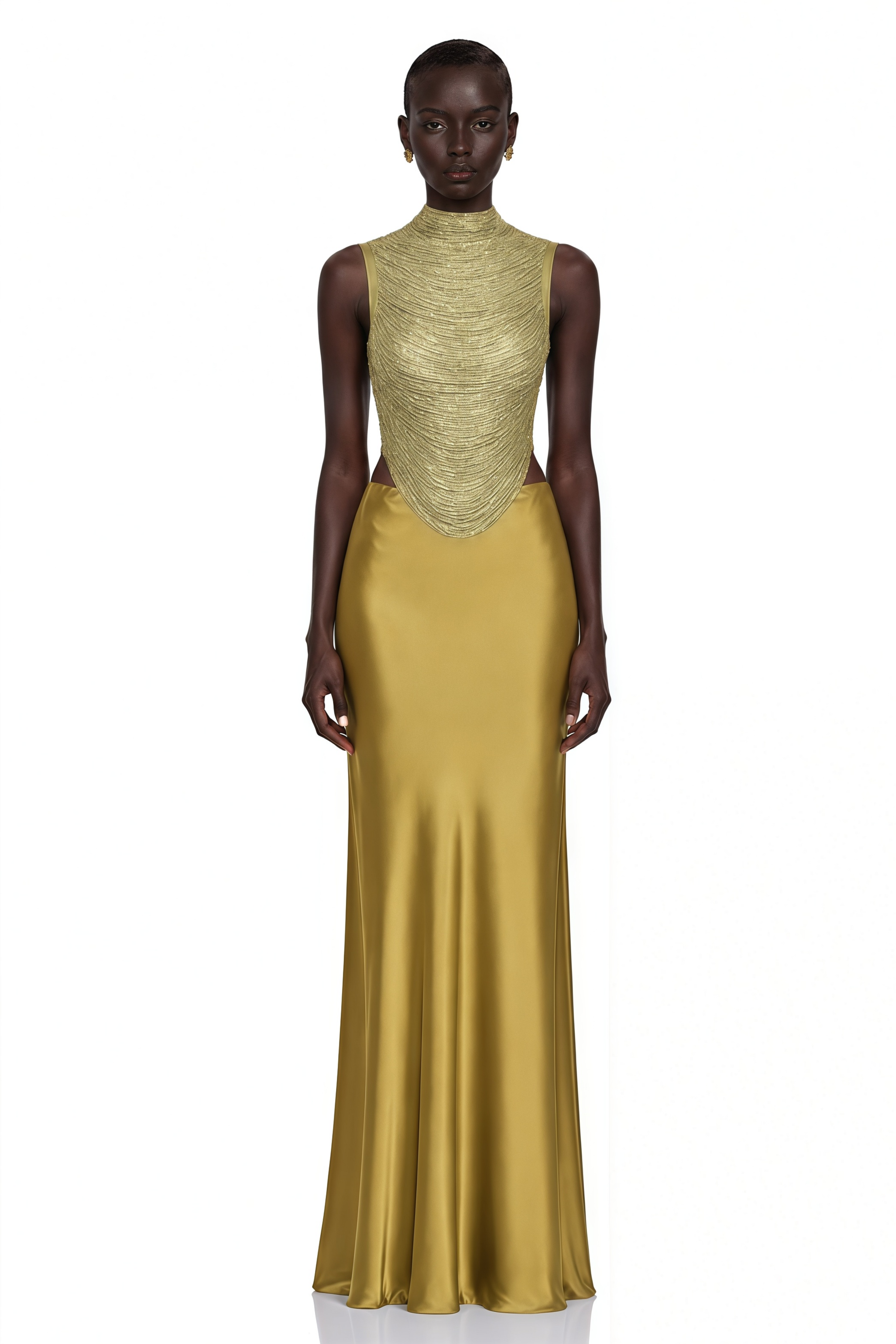 Borbála Gold Fringed Top & Satin Skirt Set