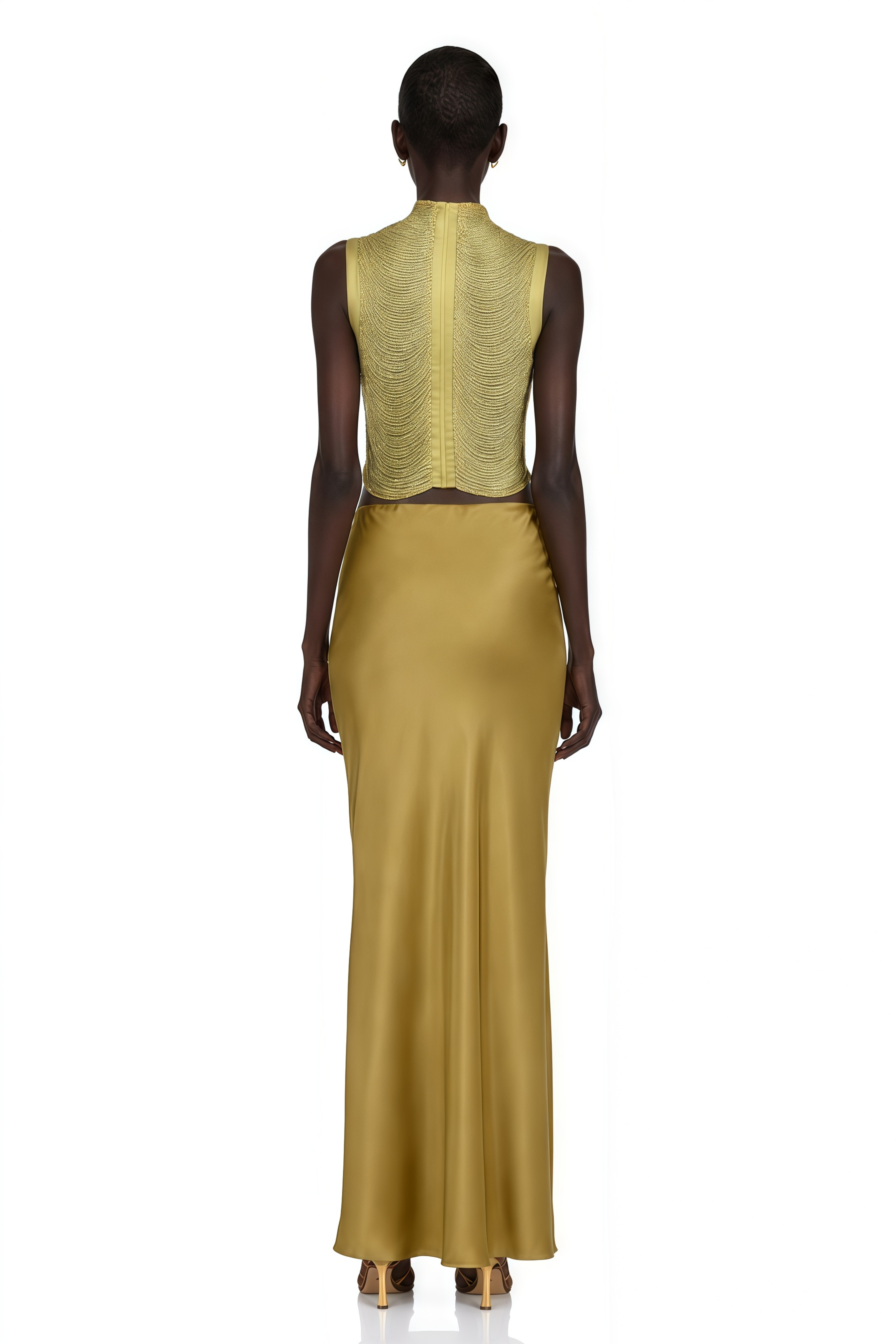 Borbála Gold Fringed Top & Satin Skirt Set
