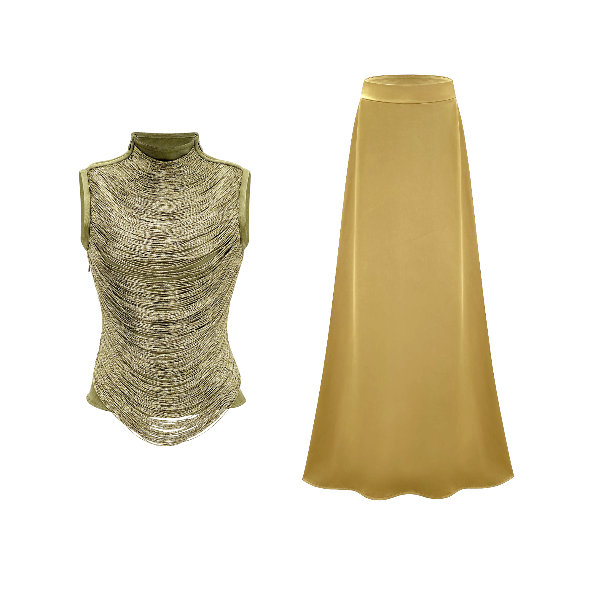 Borbála Gold Fringed Top & Satin Skirt Set