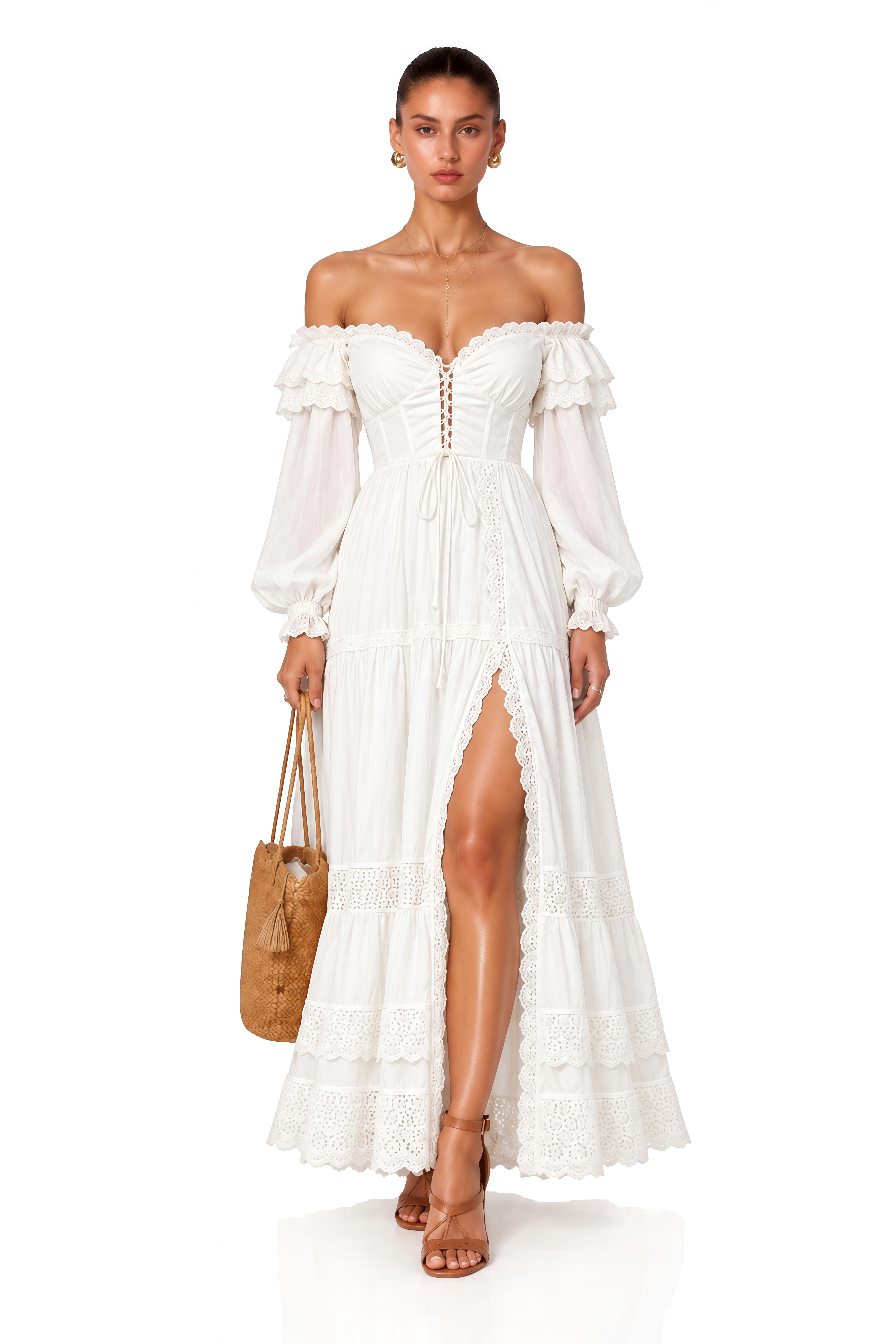 Brielle White Off Shoulder Lace Maxi Dress with Slit