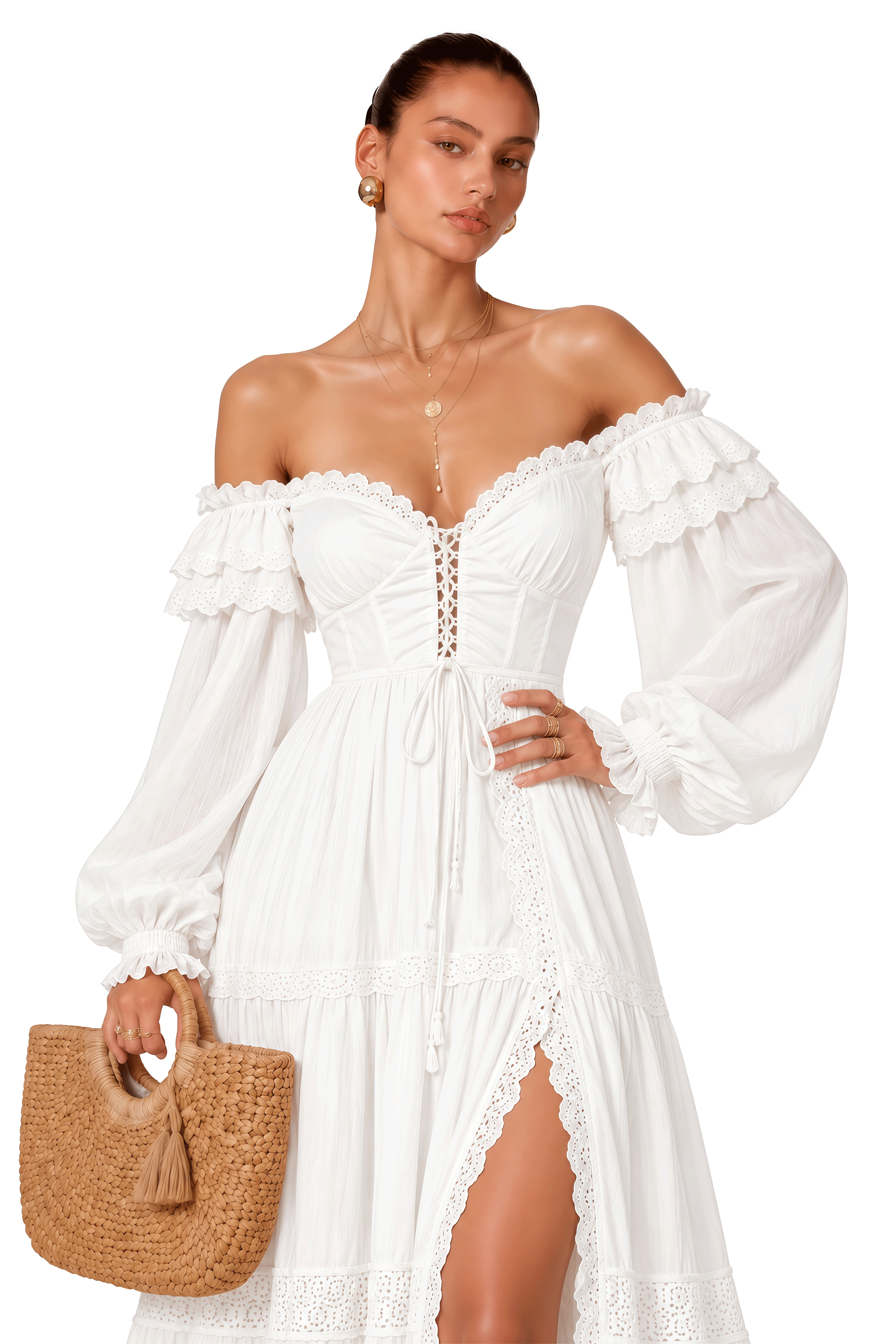 Brielle White Off Shoulder Lace Maxi Dress with Slit