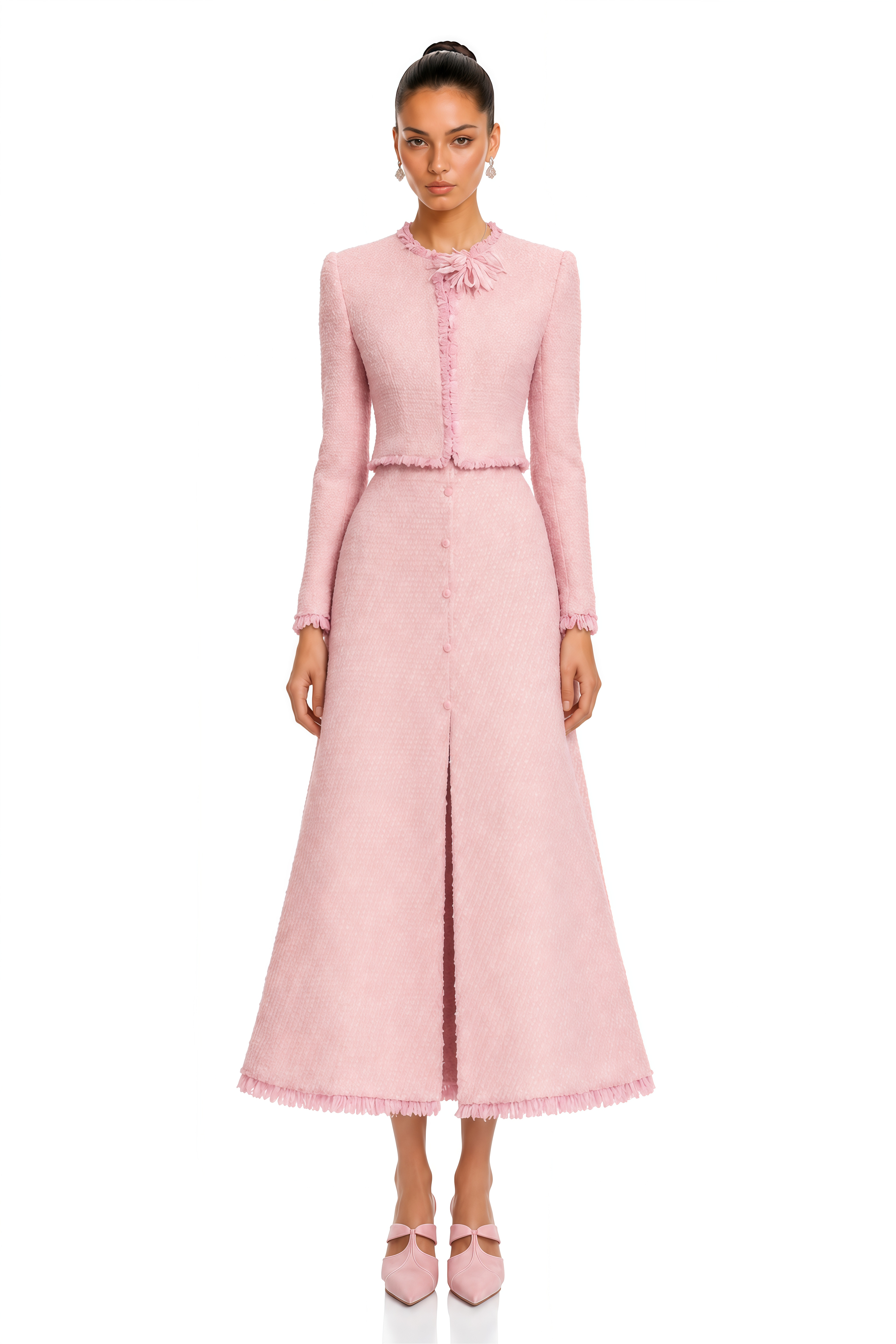 Briony Pink Tweed Jacket & Skirt Set with Fringe