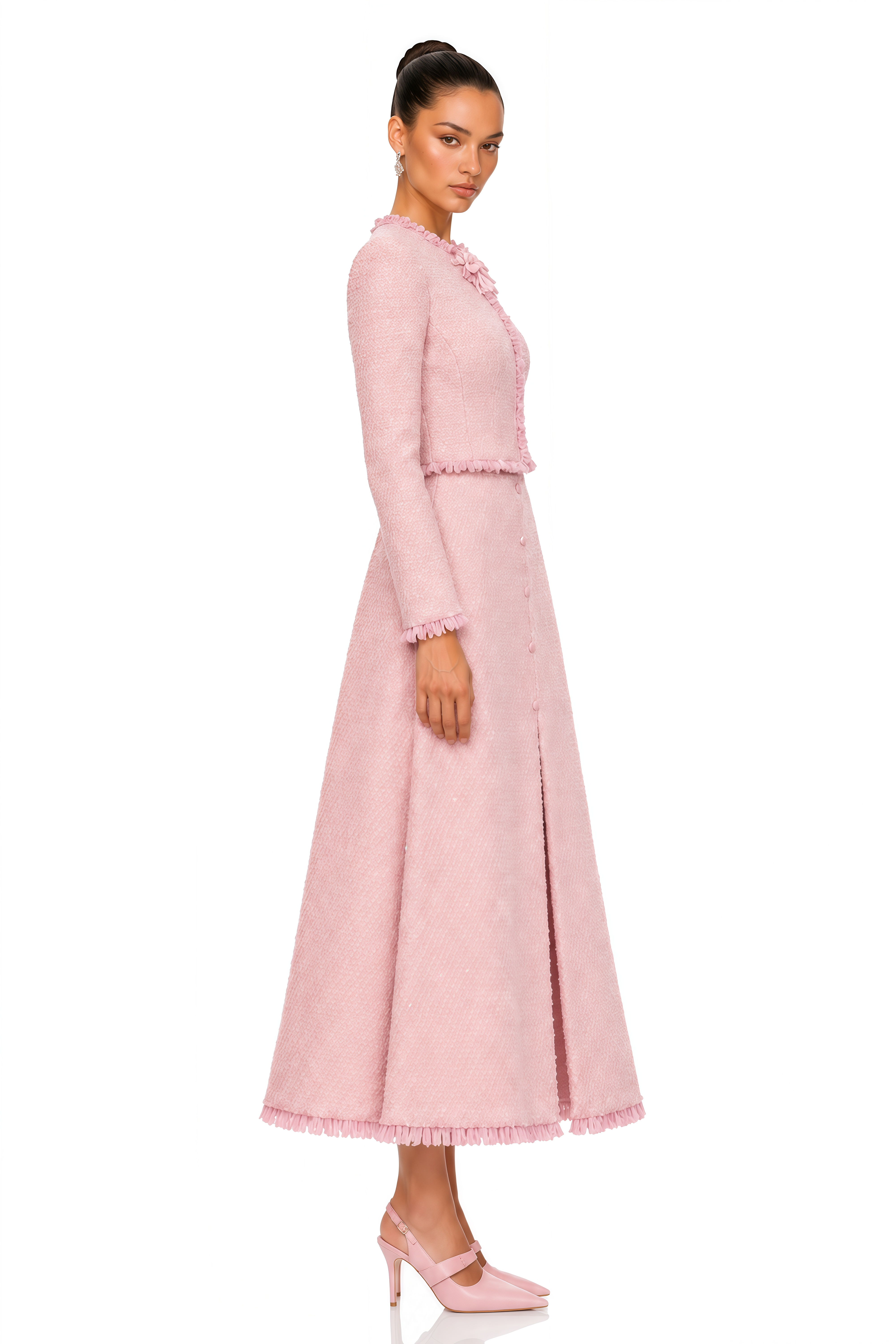 Briony Pink Tweed Jacket & Skirt Set with Fringe