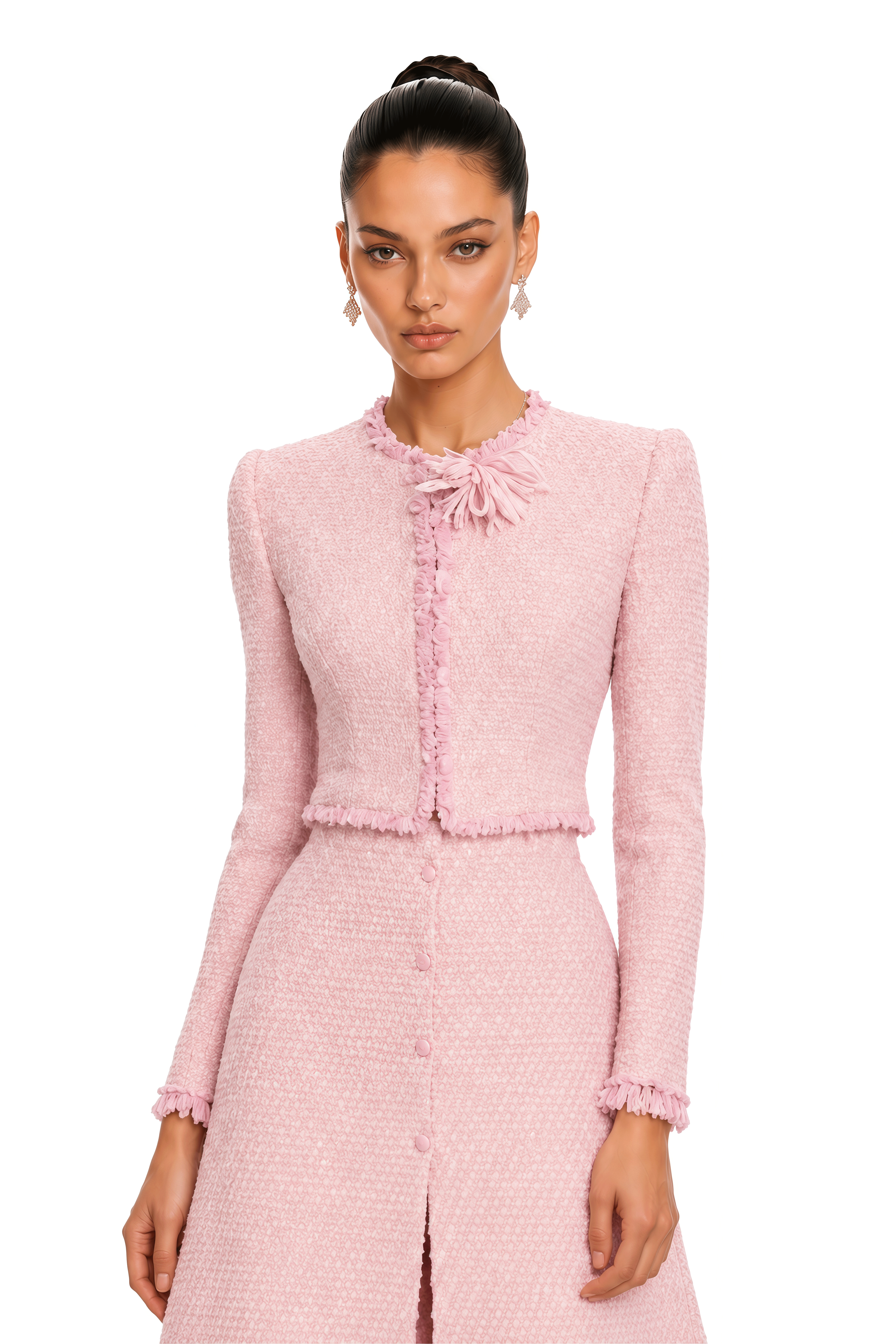 Briony Pink Tweed Jacket & Skirt Set with Fringe
