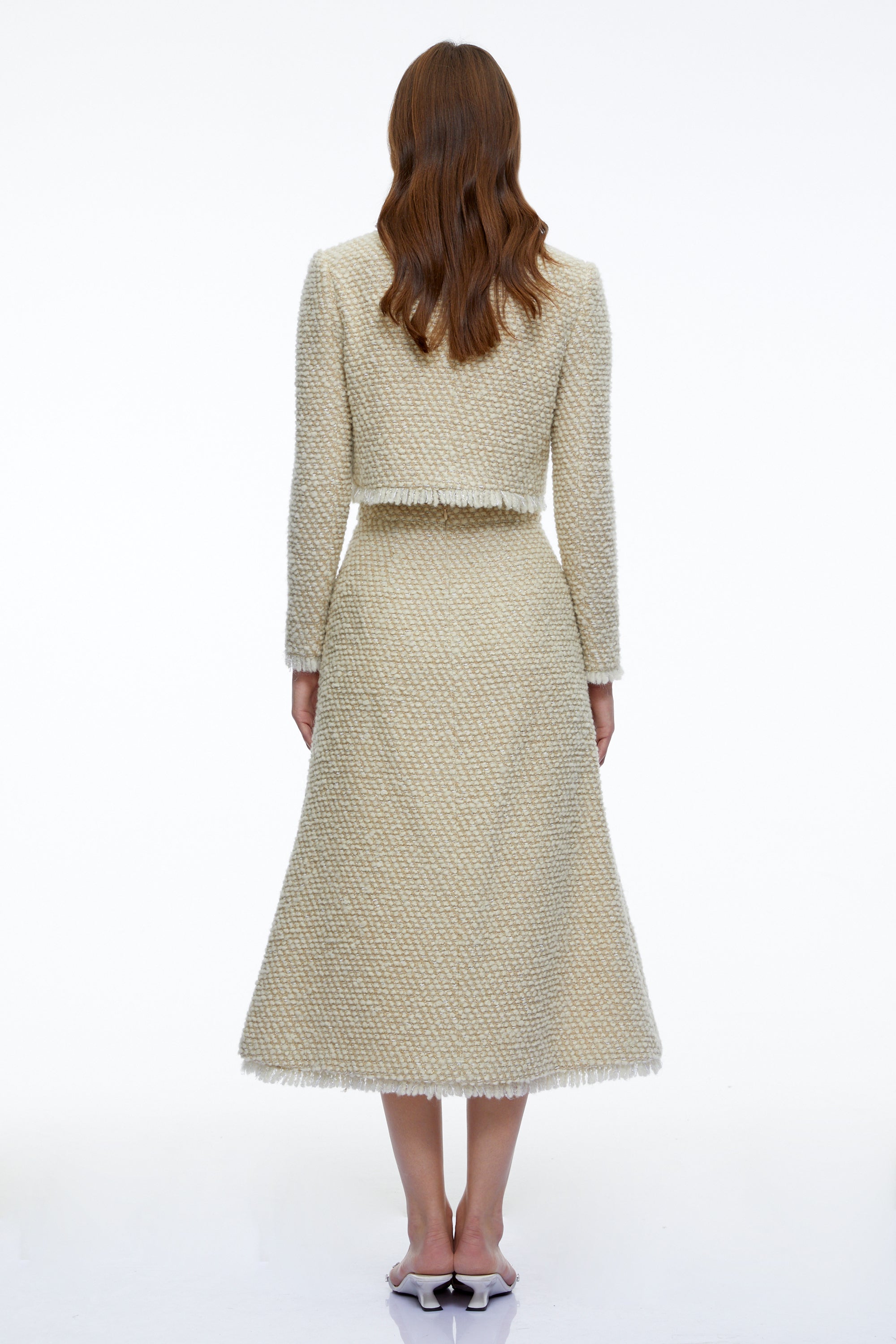 Briony Beige Tweed Jacket & Skirt Set with Fringe