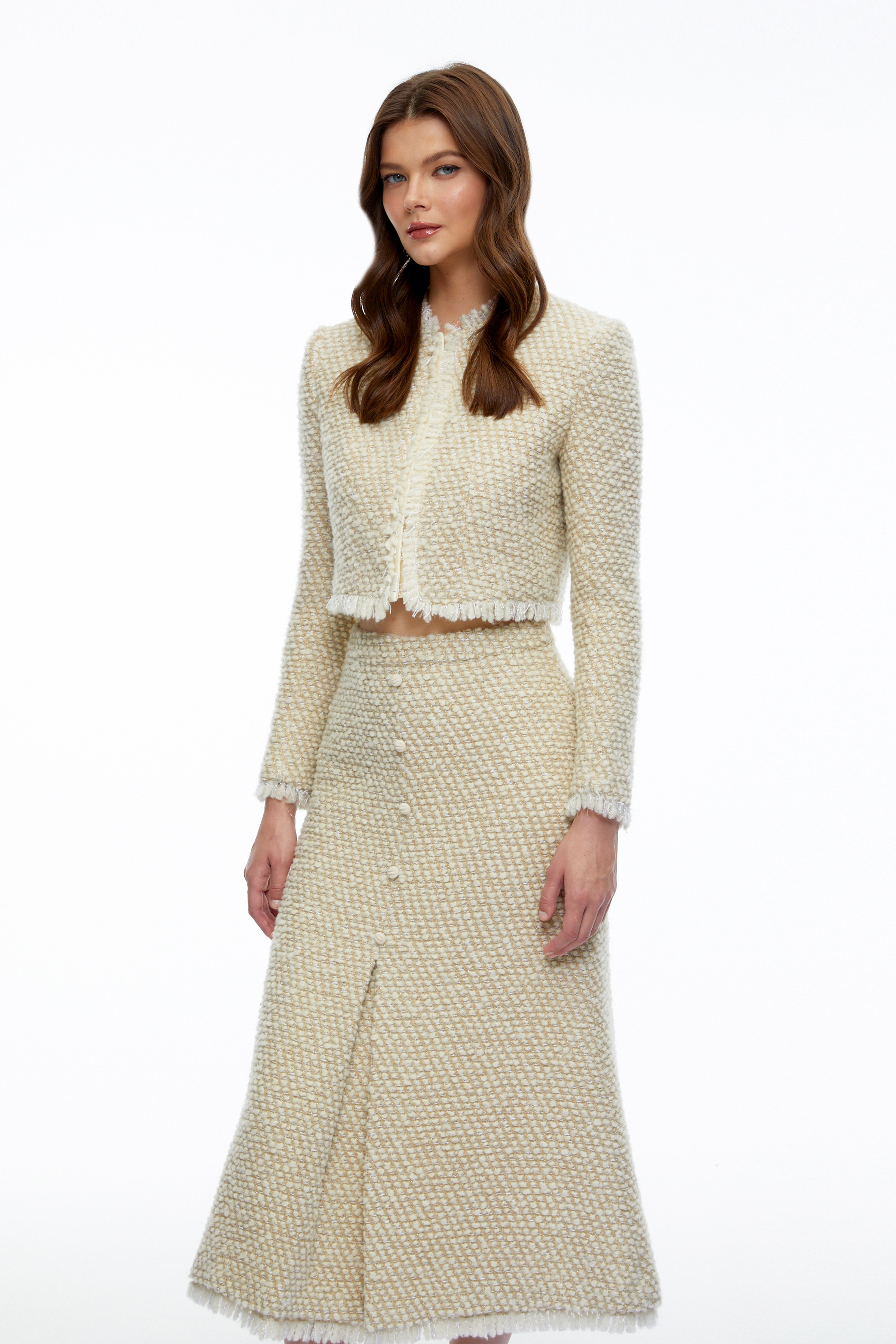 Briony Beige Tweed Jacket & Skirt Set with Fringe
