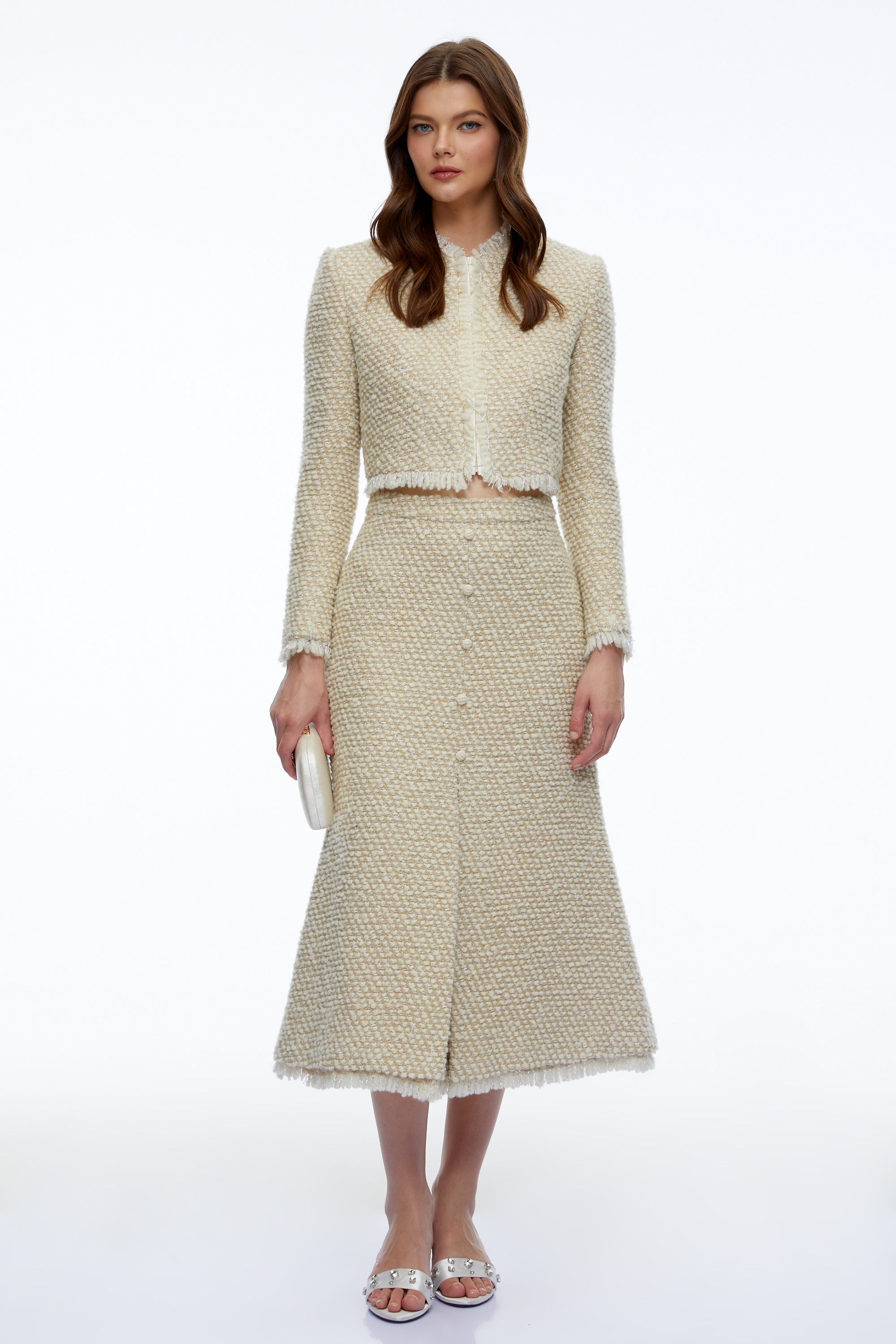 Briony Beige Tweed Jacket & Skirt Set with Fringe