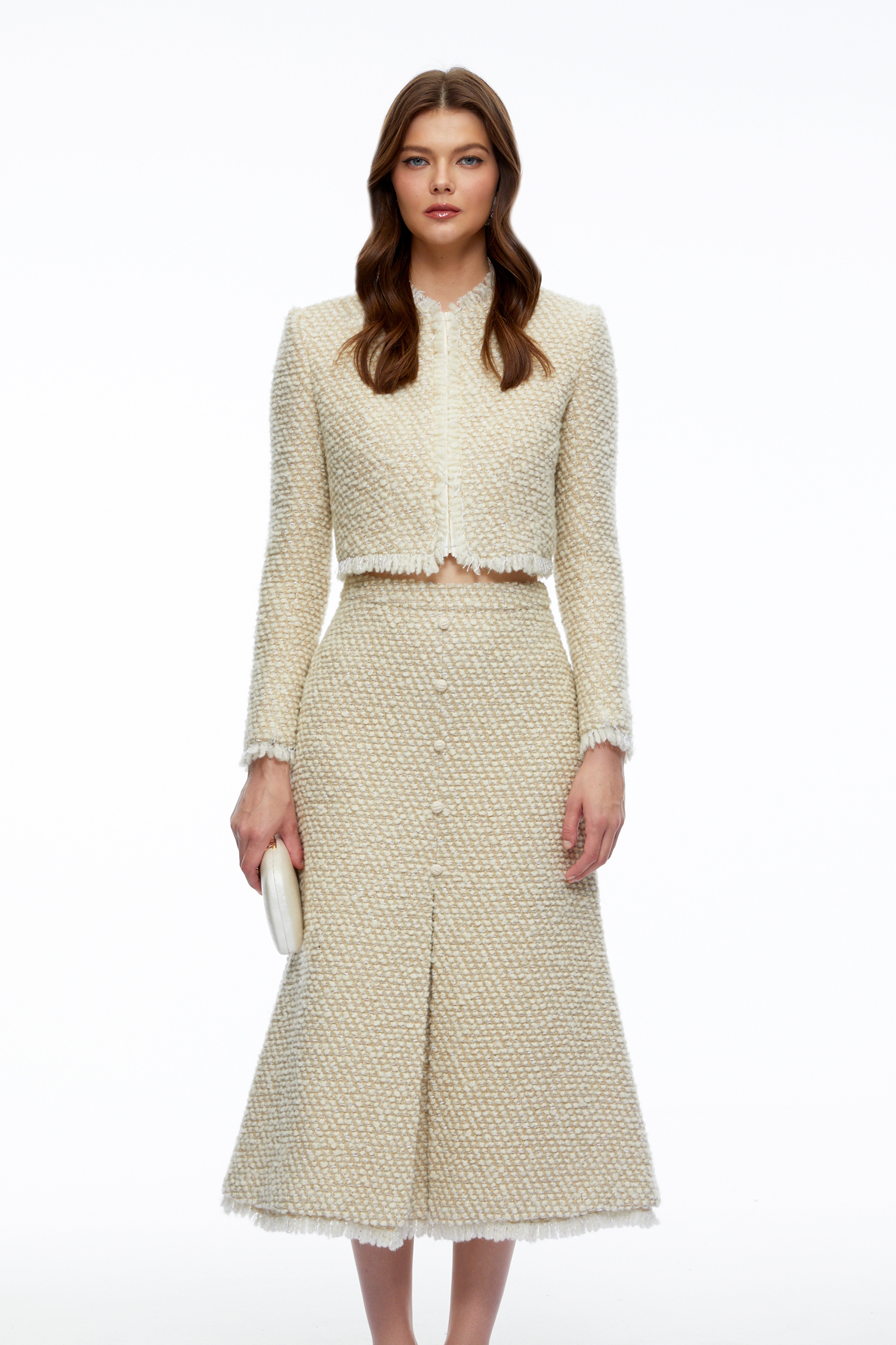 Briony Beige Tweed Jacket & Skirt Set with Fringe