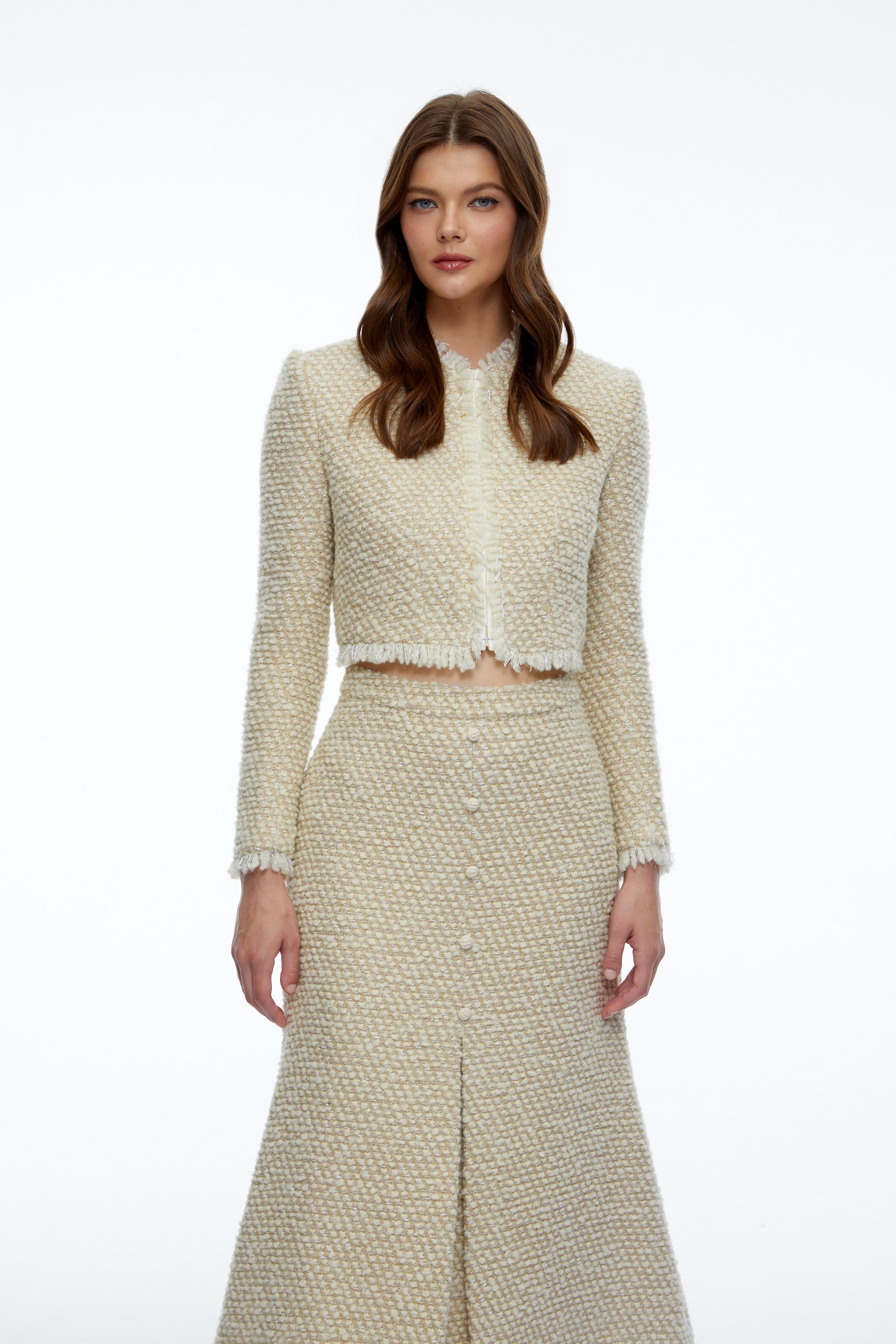 Briony Beige Tweed Jacket & Skirt Set with Fringe
