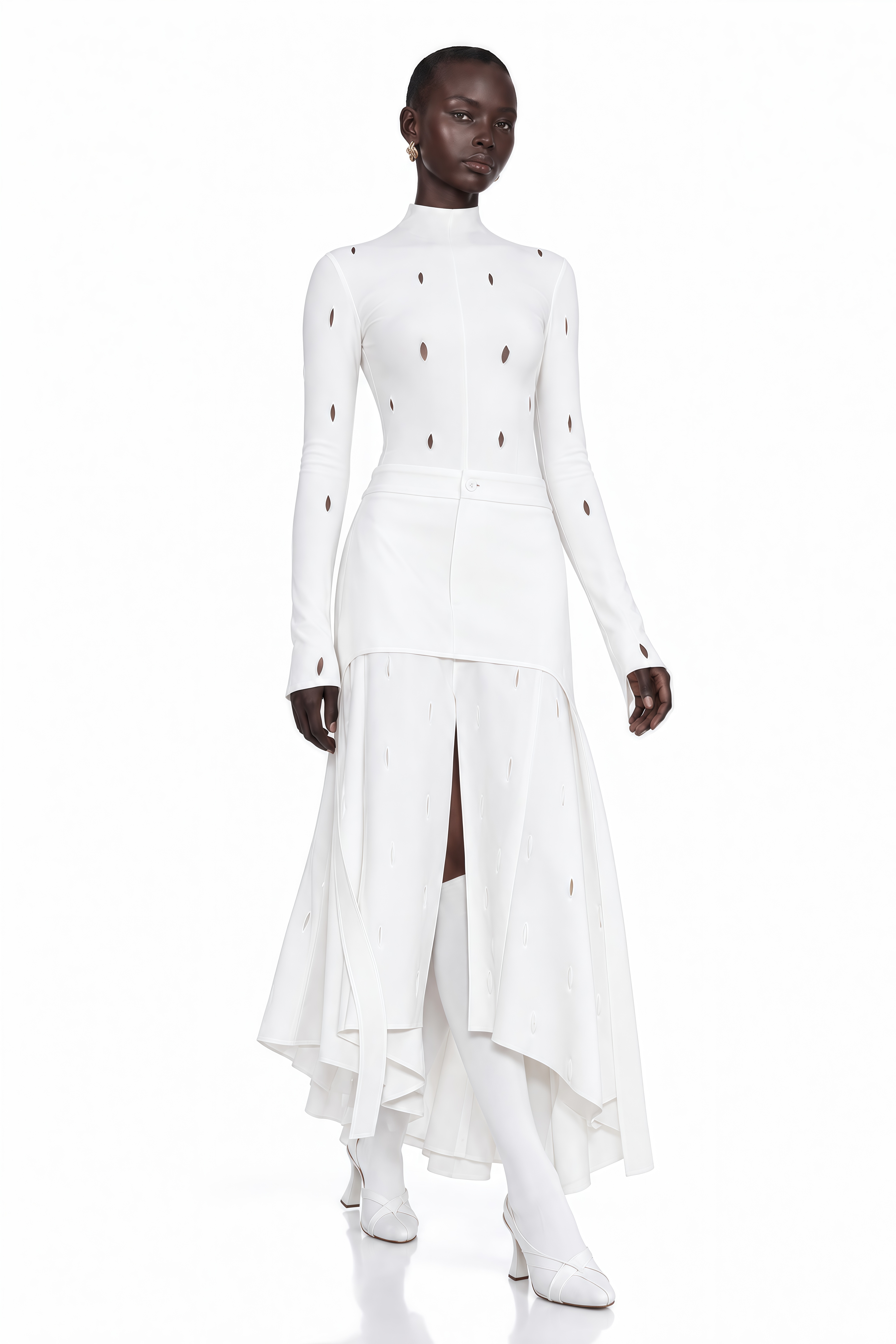 Brittany White Cut-Out High Neck Asymmetrical Dress