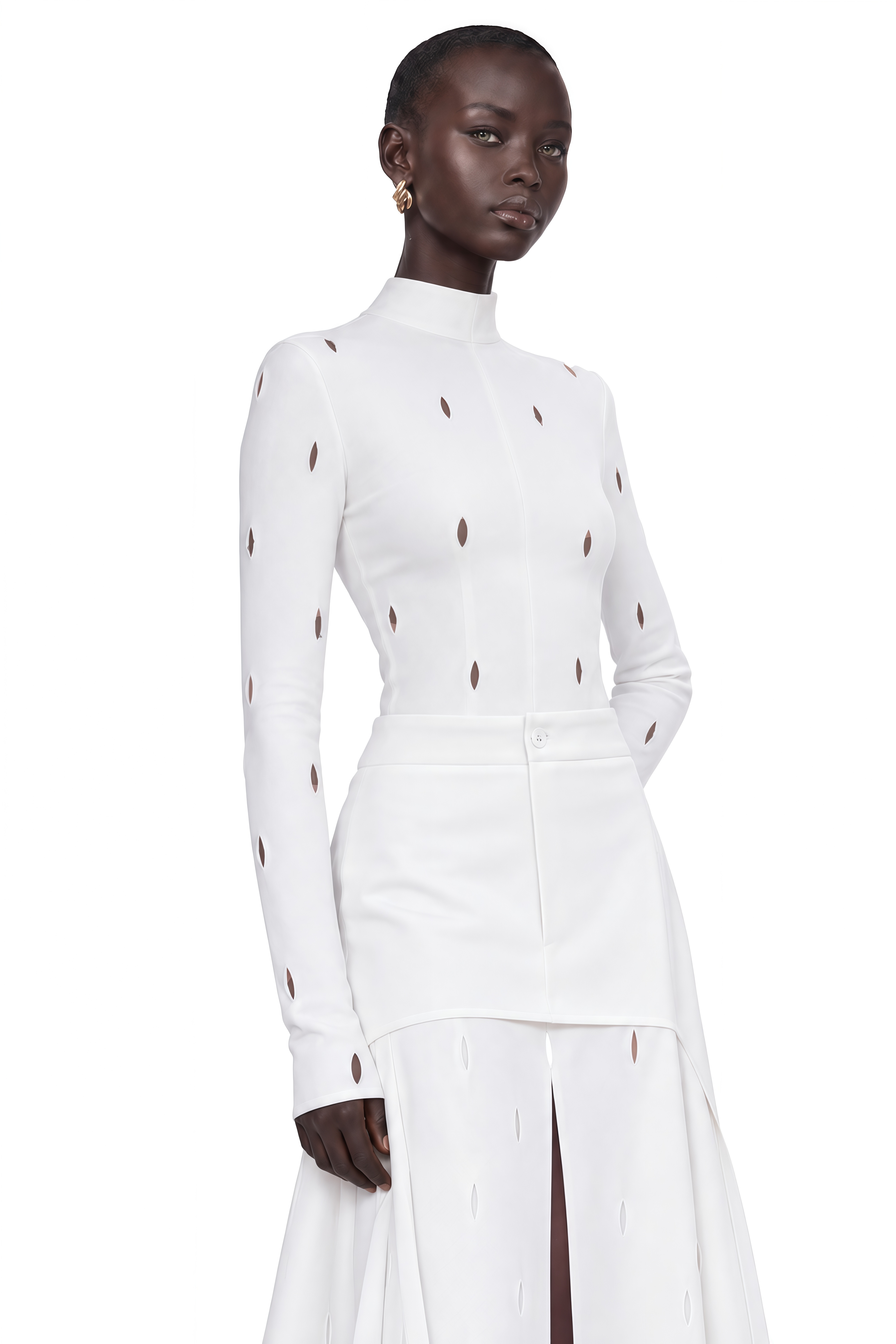 Brittany White Cut-Out High Neck Asymmetrical Dress