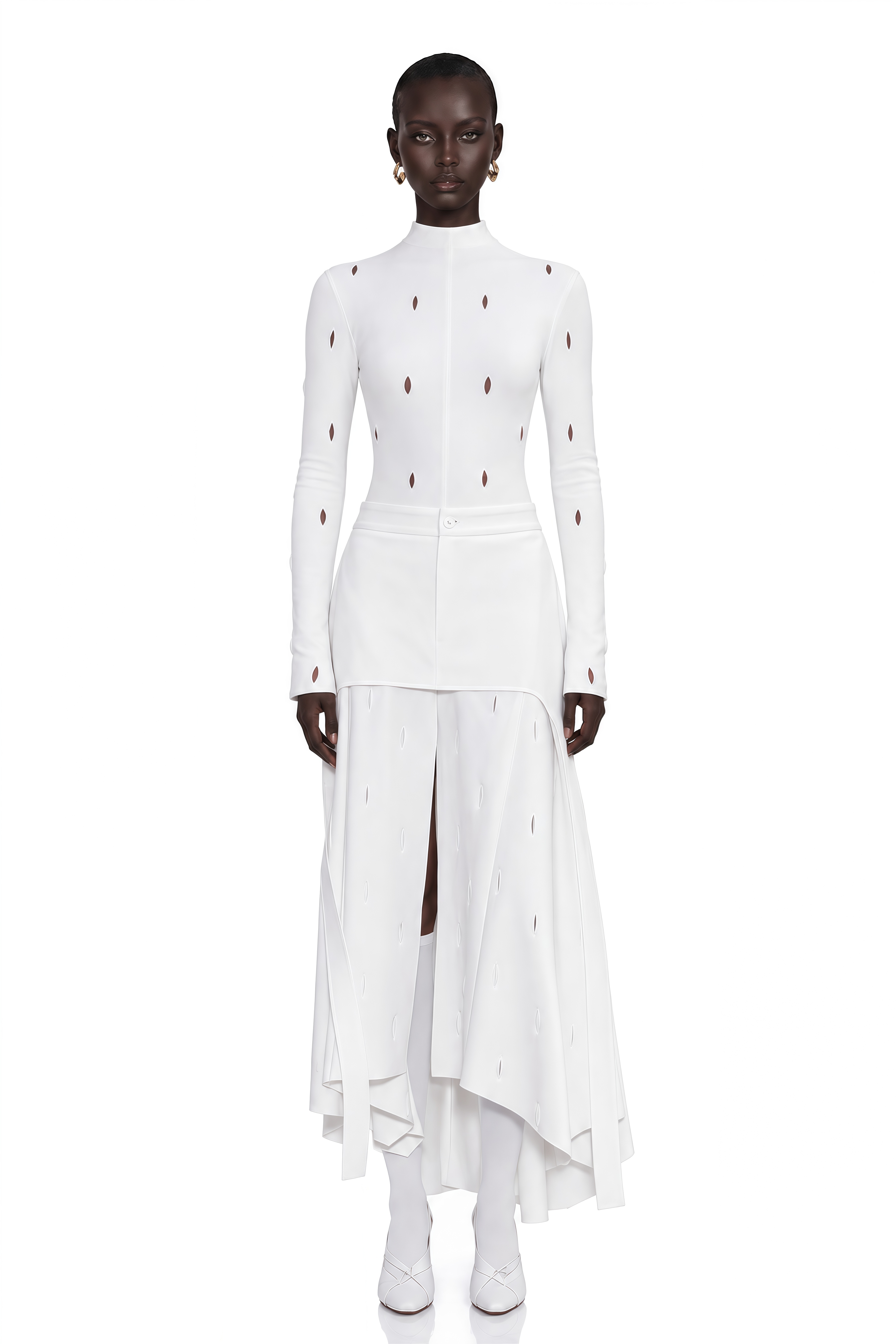 Brittany White Cut-Out High Neck Asymmetrical Dress