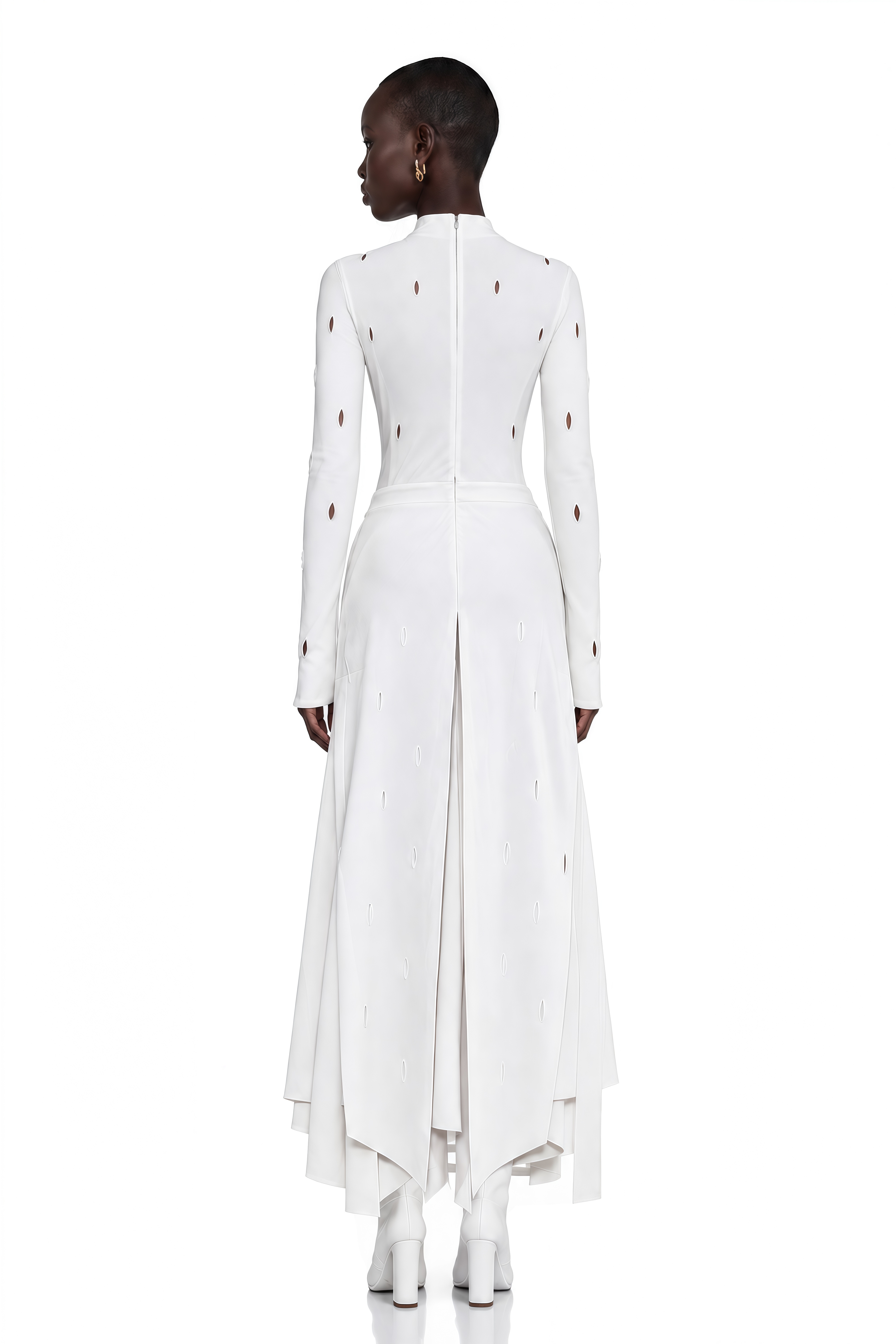 Brittany White Cut-Out High Neck Asymmetrical Dress