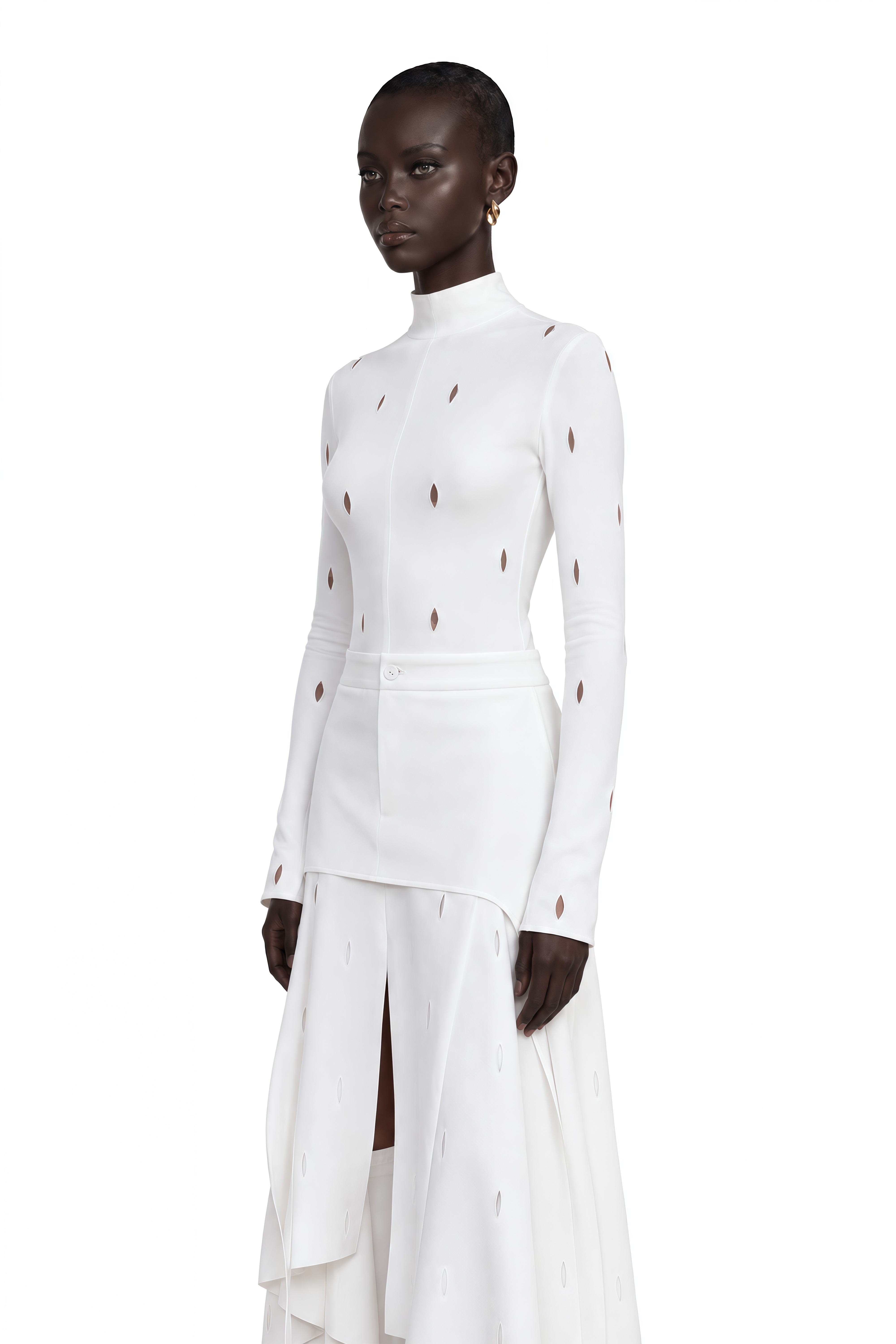 Brittany White Cut-Out High Neck Asymmetrical Dress