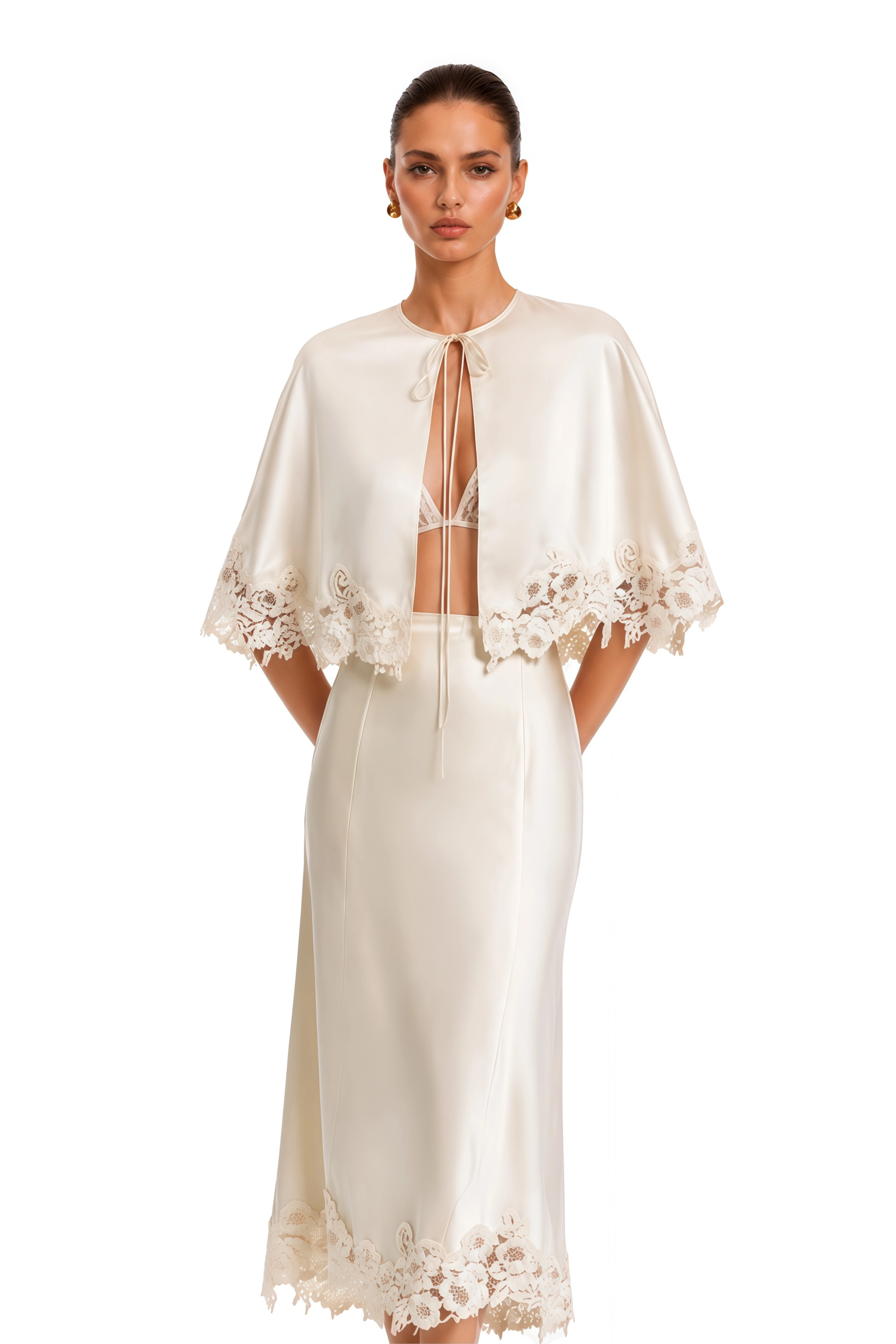 Brunilda Neutral Lace Trim Cape Top & Skirt Set