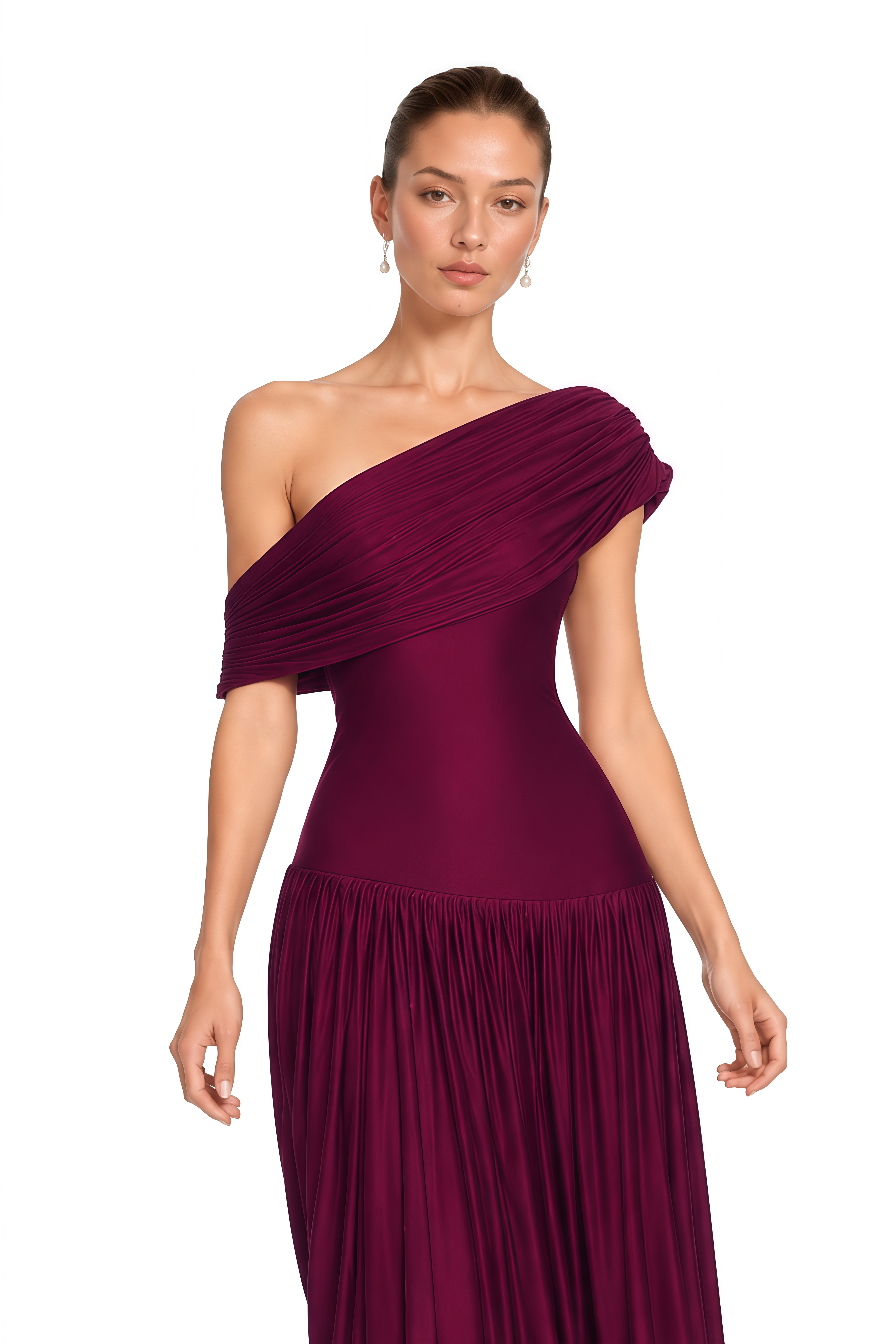 Waziha Burgundy Asymmetrical Off Shoulder Draped Maxi Dress