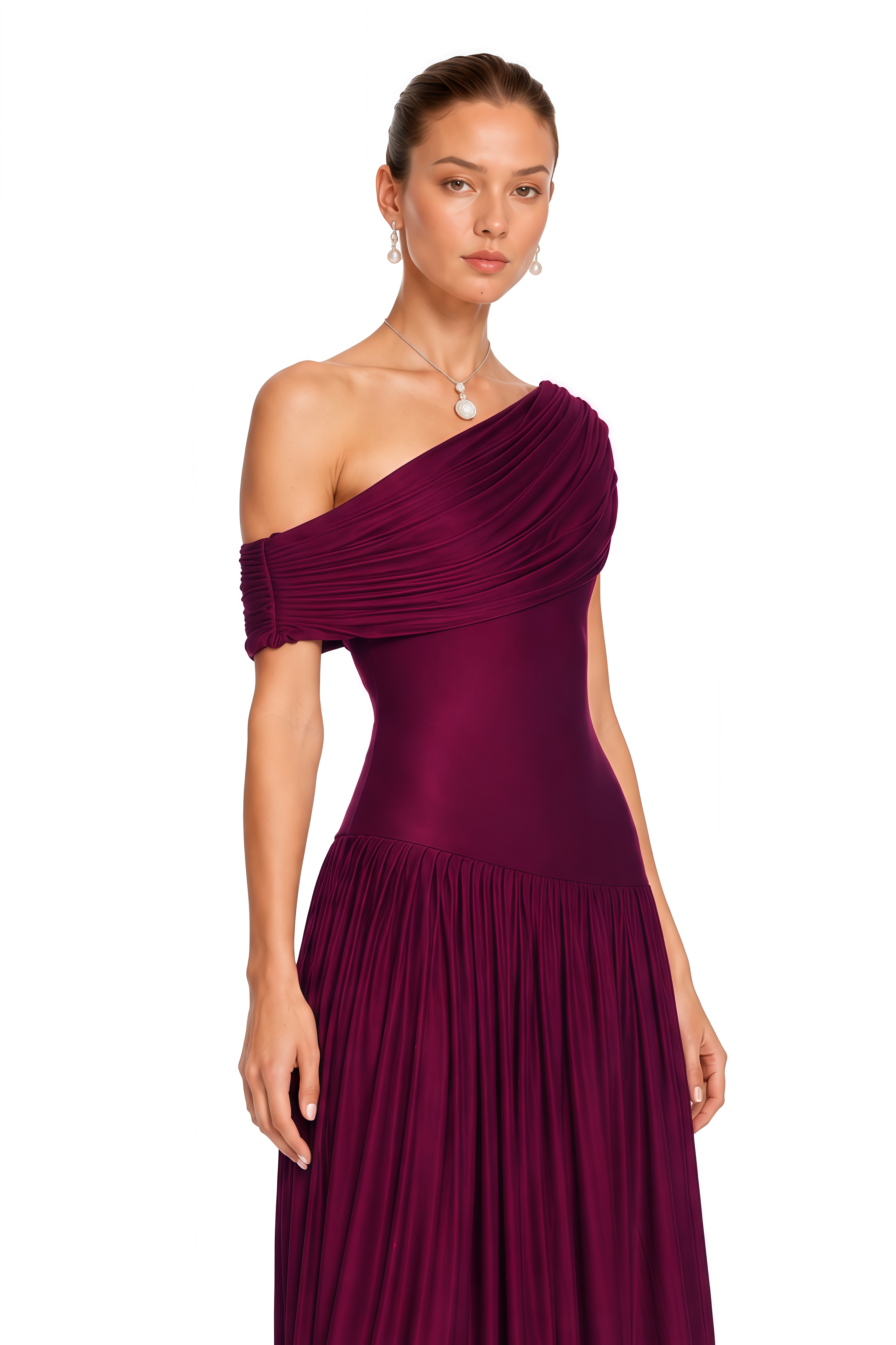 Waziha Burgundy Asymmetrical Off Shoulder Draped Maxi Dress