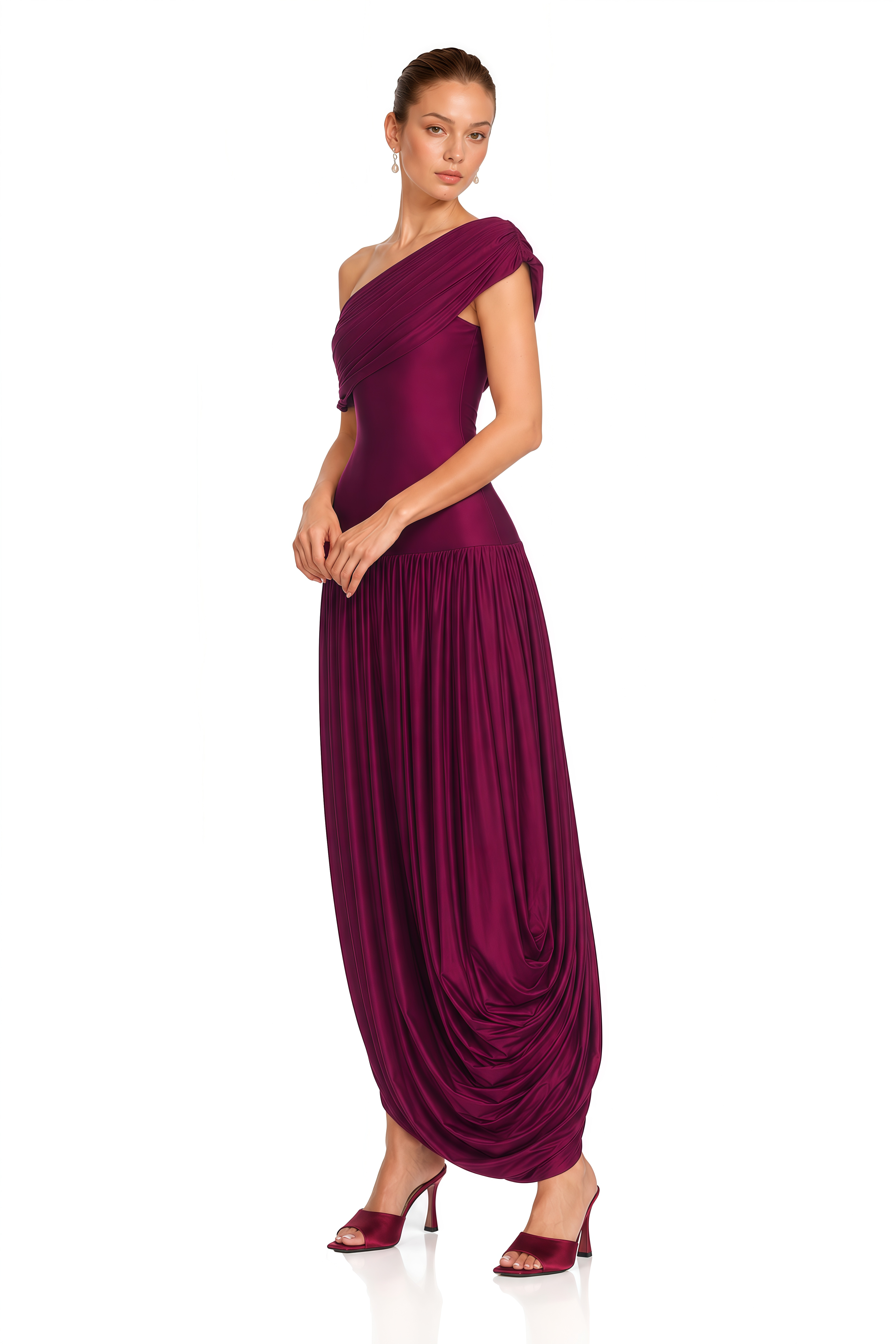 Waziha Burgundy Asymmetrical Off Shoulder Draped Maxi Dress