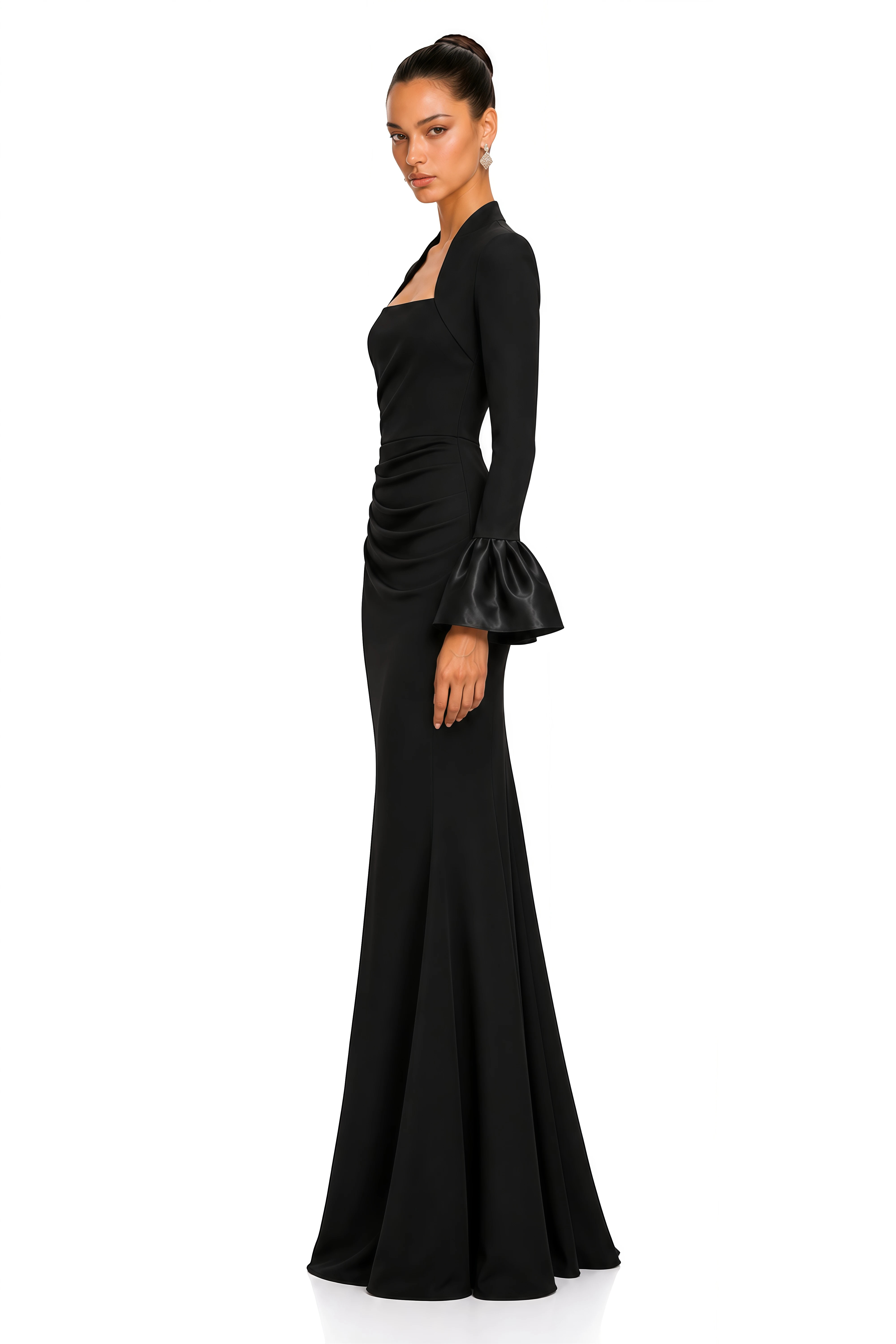 Caitlin Black Square Neck Flared Cuff Maxi Dress