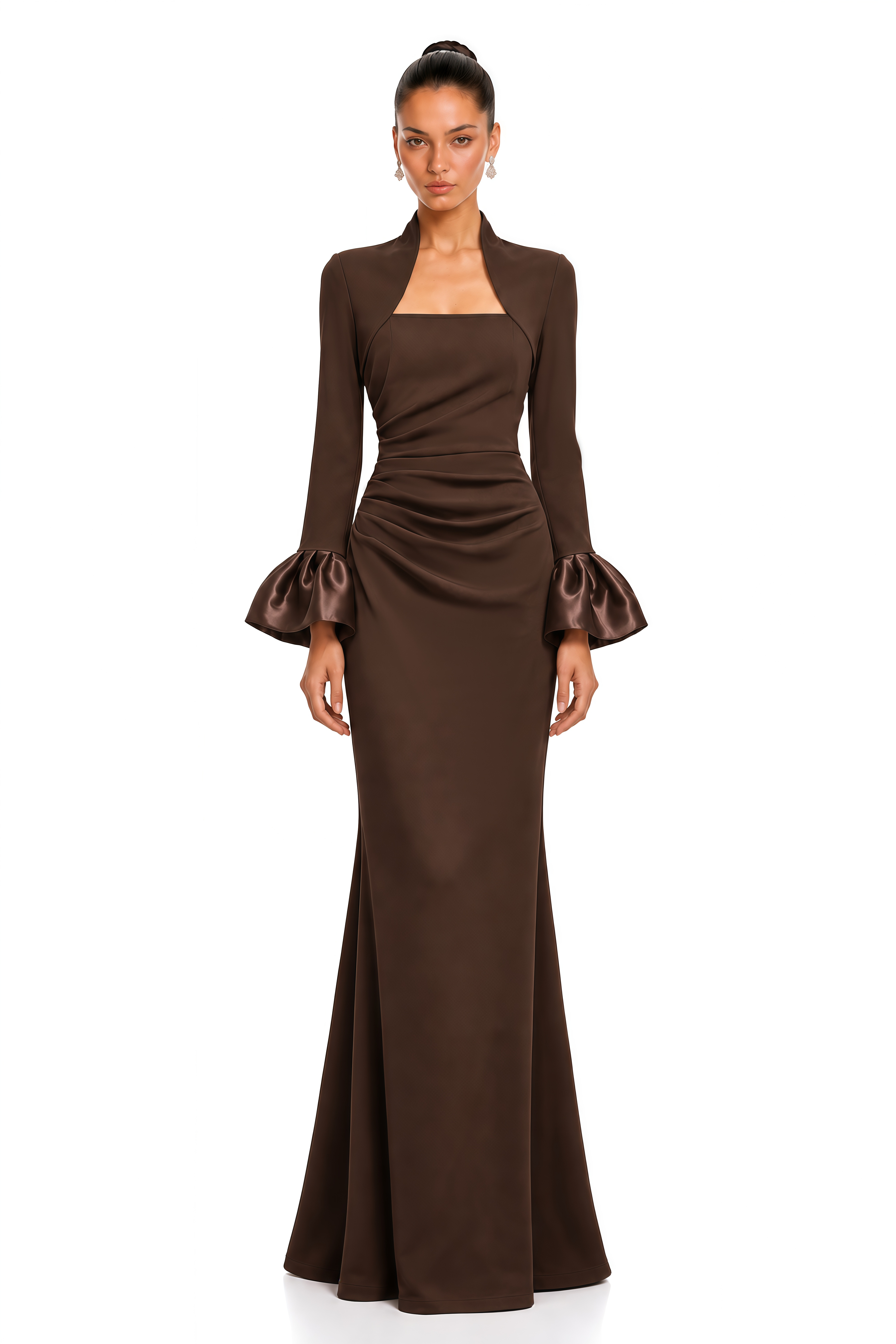 Caitlin Brown Square Neck Flared Cuff Maxi Dress