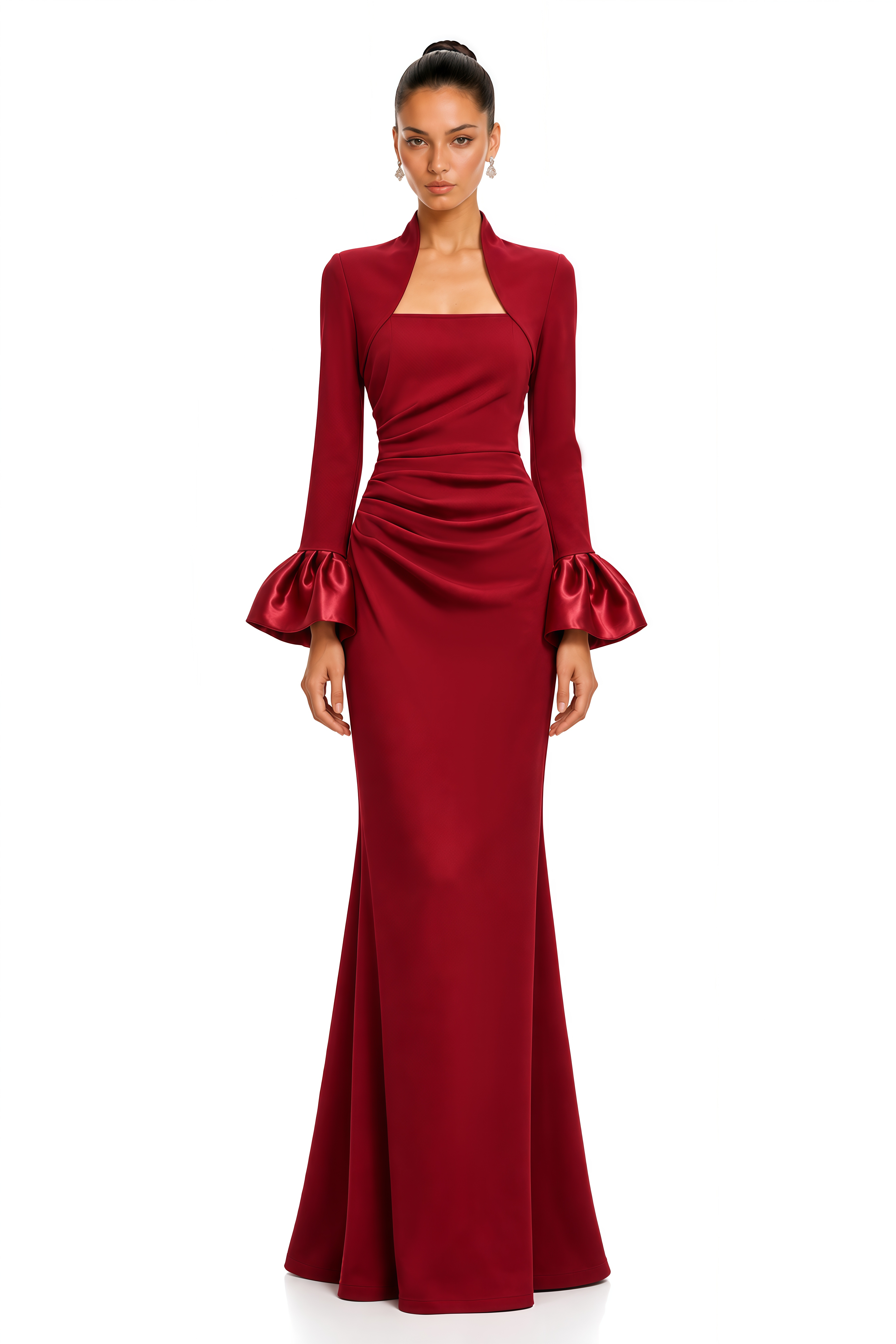 Caitlin Burgundy Square Neck Flared Cuff Maxi Dress