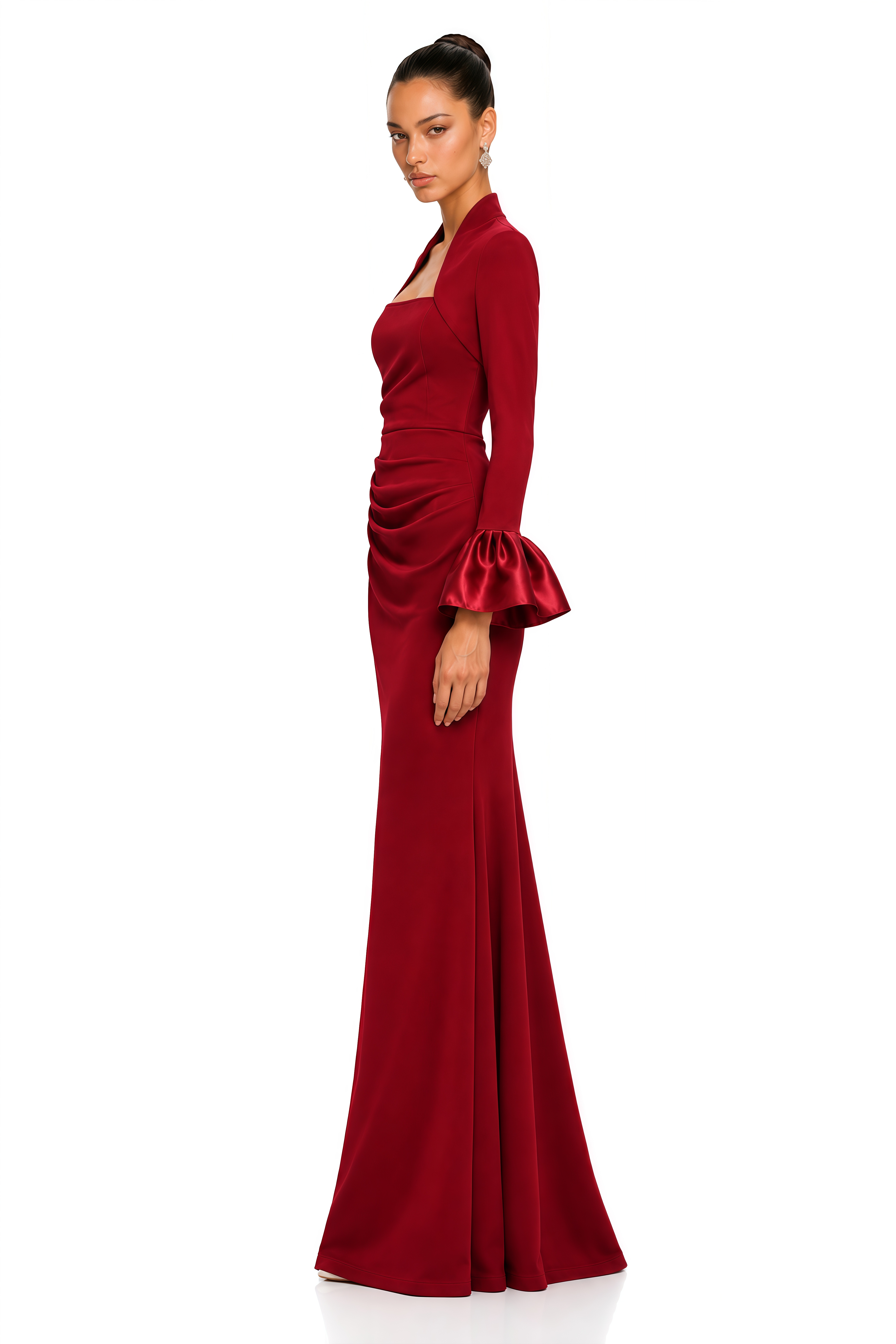 Caitlin Burgundy Square Neck Flared Cuff Maxi Dress