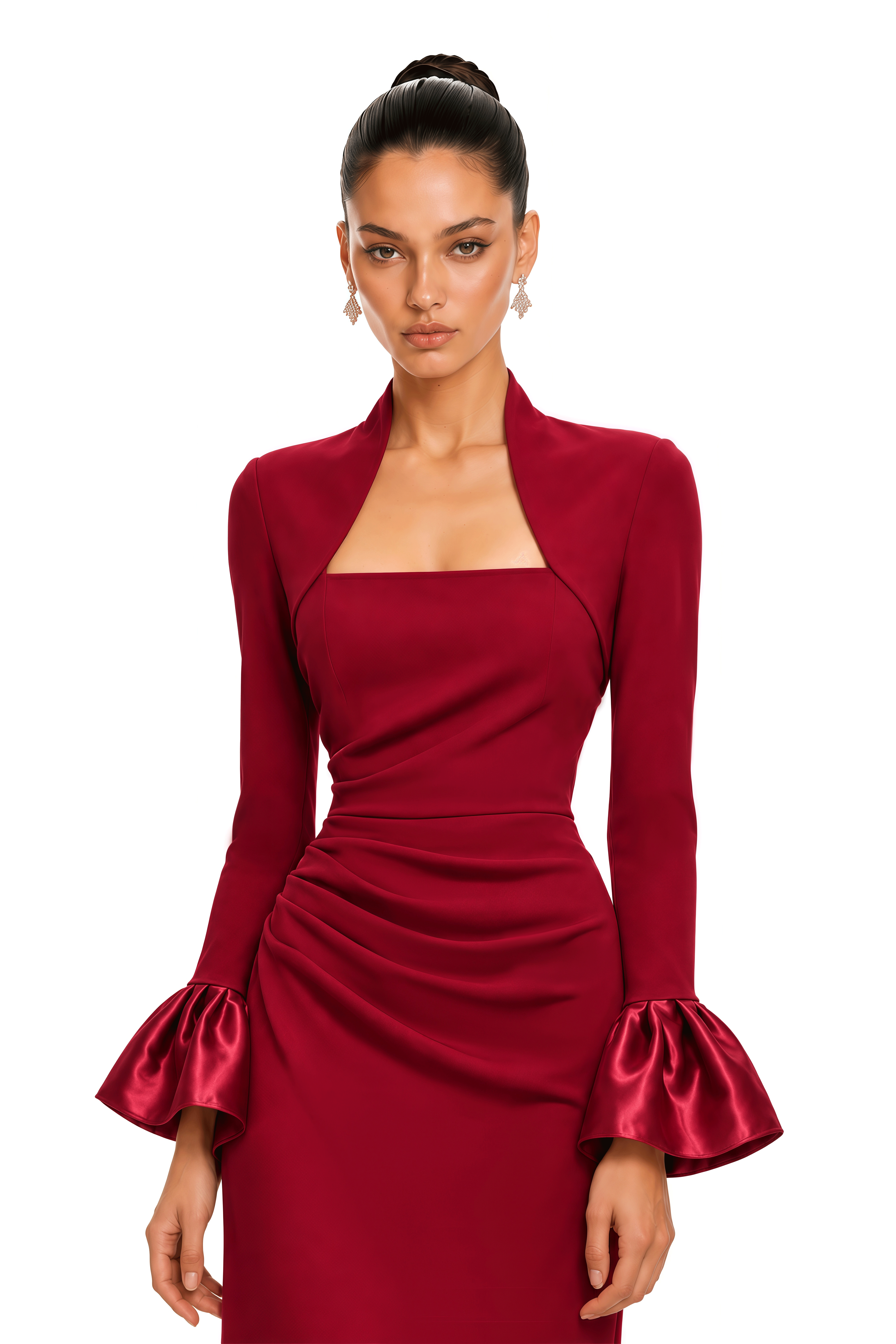 Caitlin Burgundy Square Neck Flared Cuff Maxi Dress