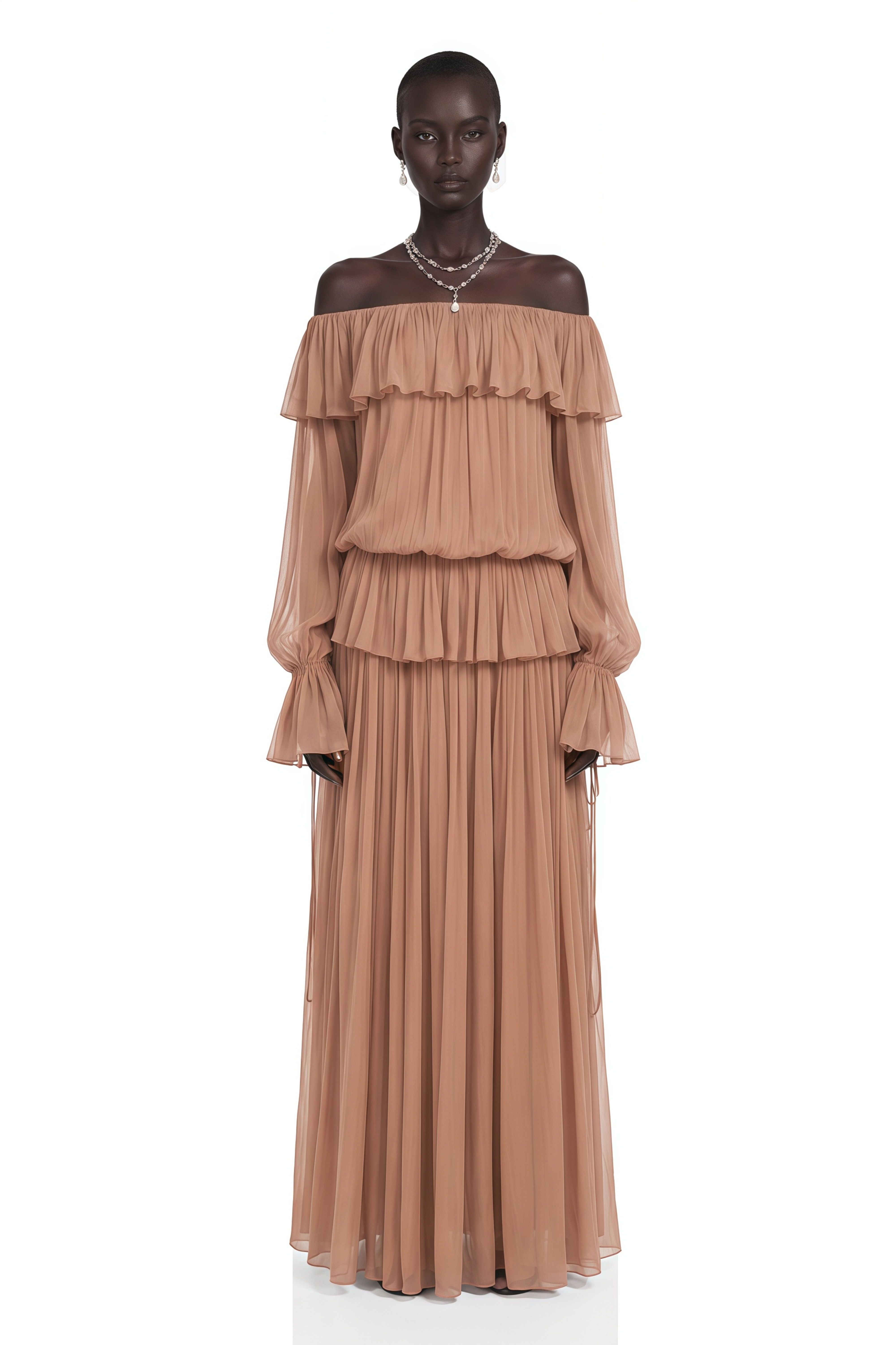 Calantha Chocolate Brown Off Shoulder Ruffled Top & Skirt Set