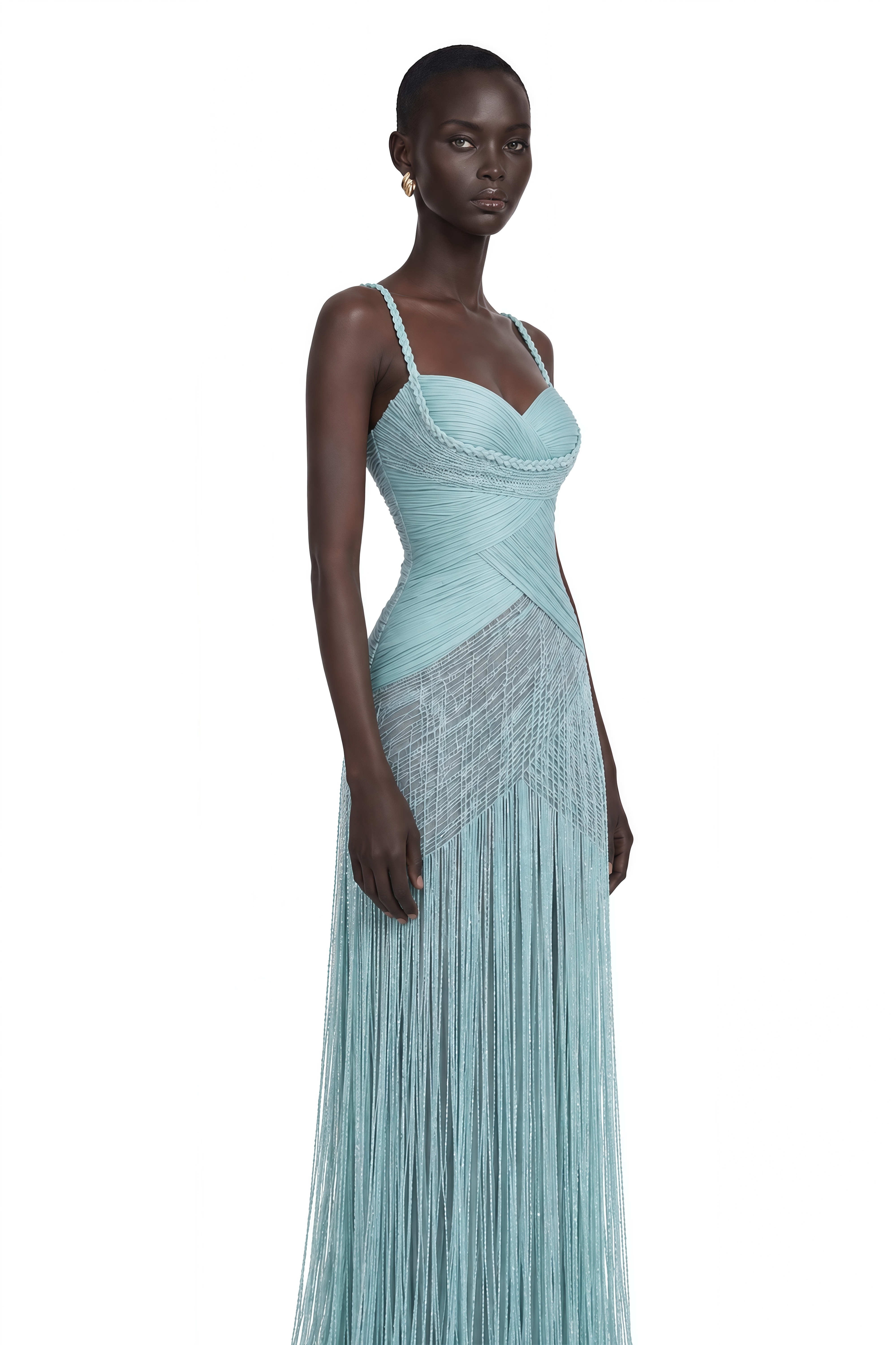 Calanthe Green Ruched Fringe Maxi Dress