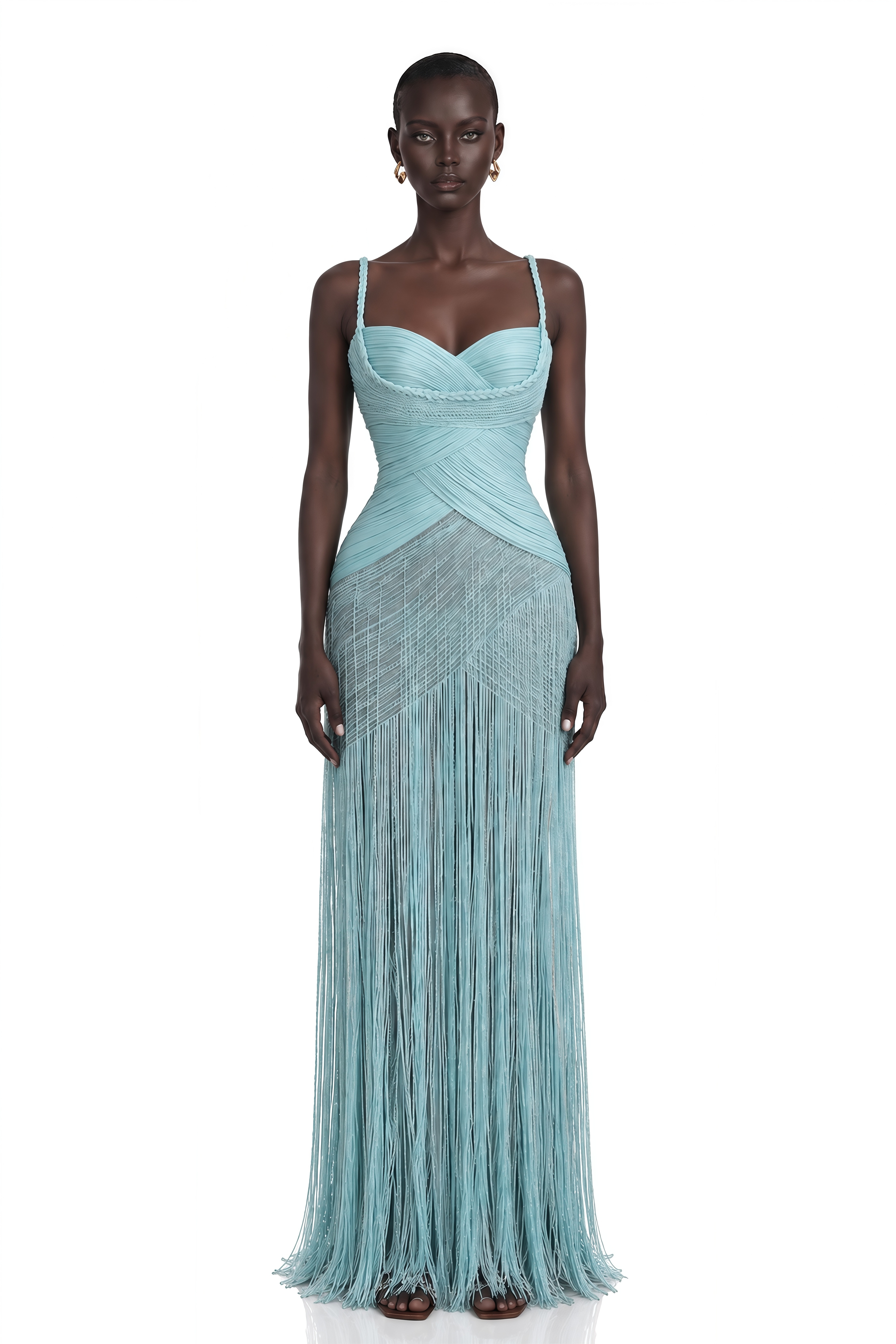 Calanthe Green Ruched Fringe Maxi Dress
