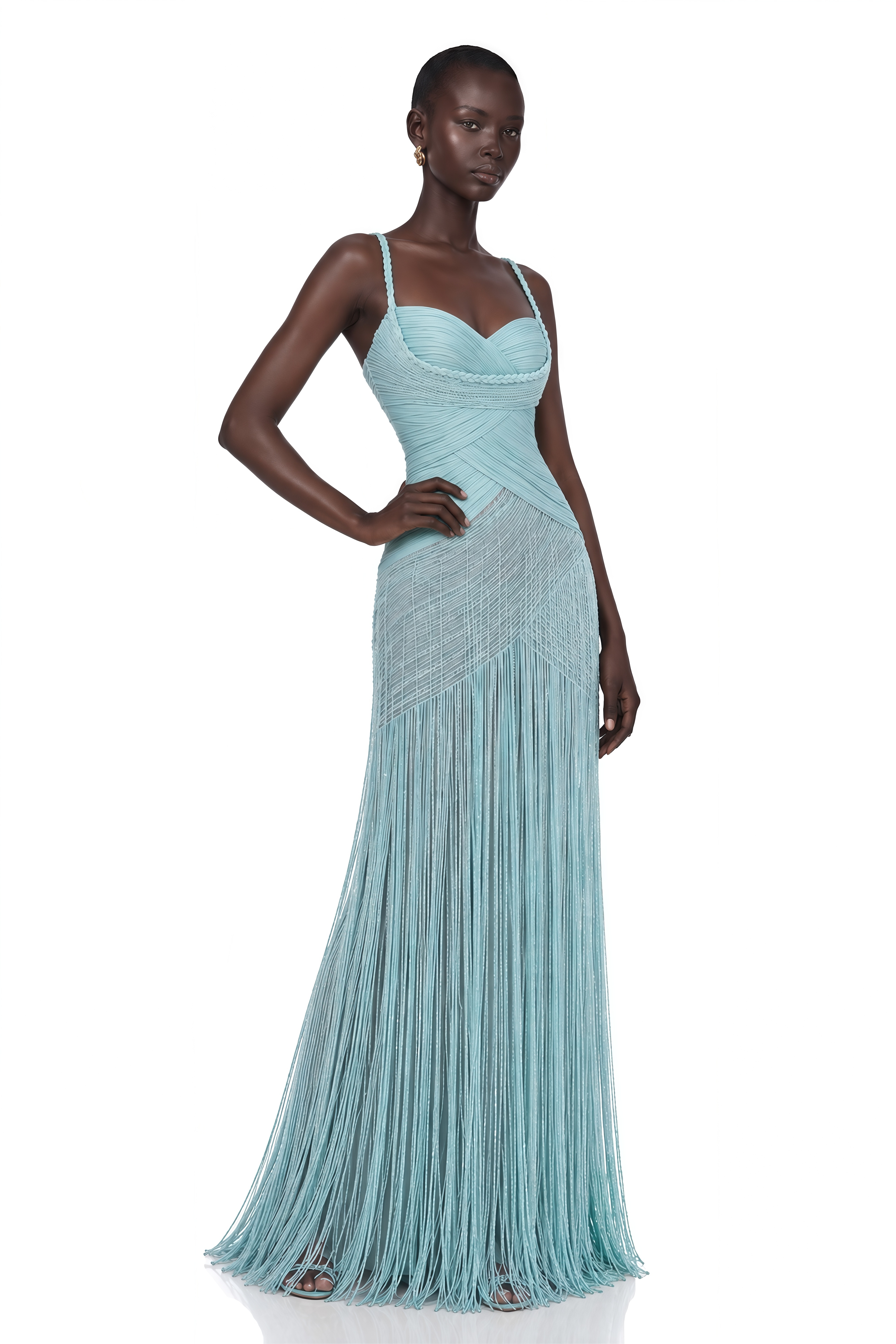 Calanthe Green Ruched Fringe Maxi Dress