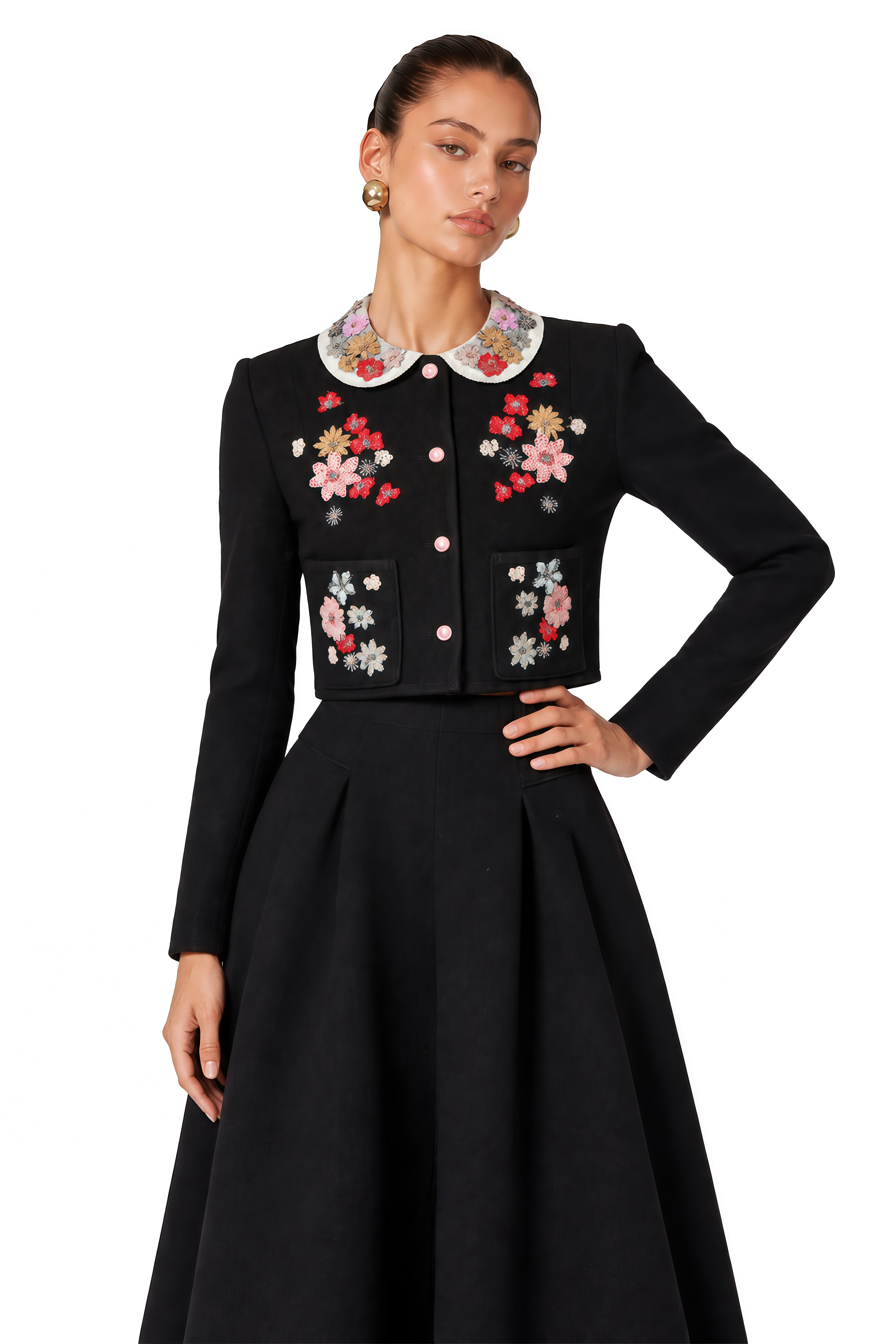Calista Black Floral Embroidered Jacket & Skirt Set